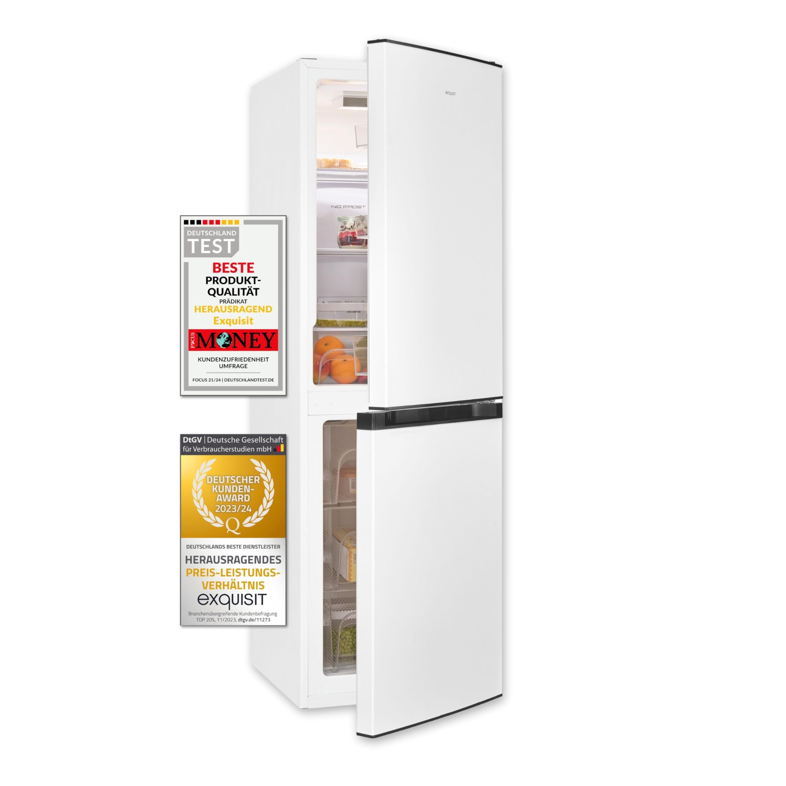 EXQUISIT Frigorífico Combi No Frost 193l Blanco - Nevera con Congelador de Bajo Consumo Energético, Clase E, Multi Air Flow, Gran Espacio, Iluminación LED (157,5 x 48,5 x 60cm)