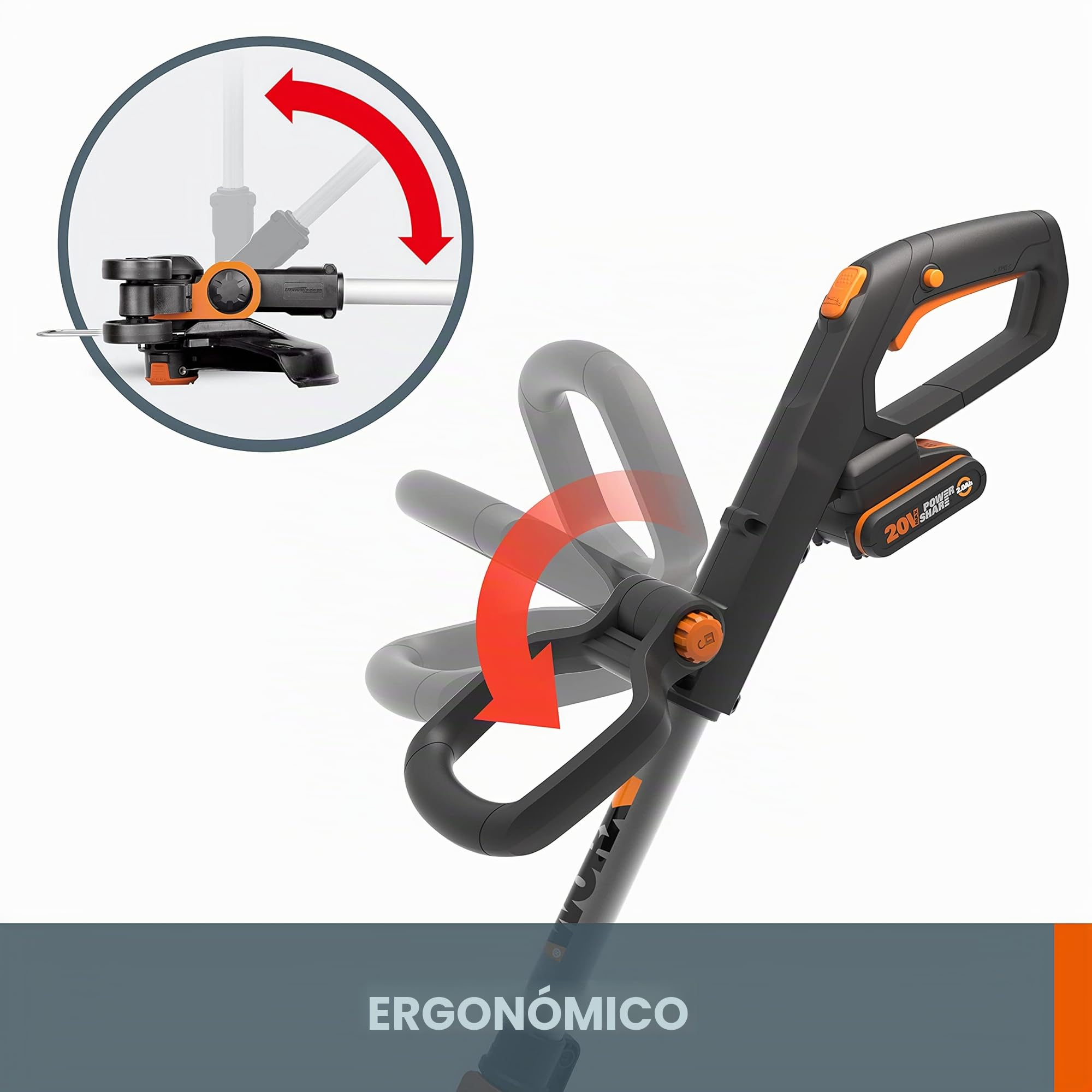 WORX WG163E.2 - Desbrozadora con batería de 20 V, 2 en 1 con cabezal giratorio de 90°, diámetro de corte de 30 cm, mango telescópico (incluye batería de 2 Ah y cargador)
