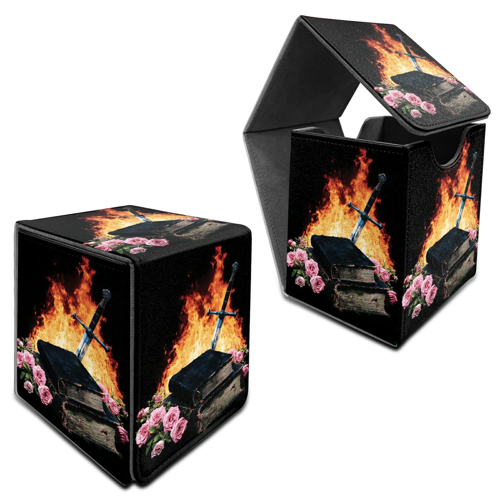 RWUTYTIUL for MTG Commander Deck Box, Storage Box Fits 100+ Sleeved Cards, Leather Strong Magnet Card Deck Case Holder for Board Game Magic MTG TCG CCG Sports Baseball, Flame Book Rose — image 1
