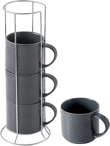 Hasense Juego de 4 tazas de café con soporte, juego de tazas de café apilables de porcelana de 15 onzas con asa para té, latte, leche y capuchino,