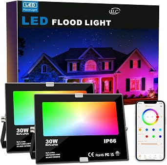 HEKEE LED RGB Floodlights Outdoor, 300W Equivalent, Smart Colour Changing Flood Lights, APP Controlled, Timing, IP66 Waterproof, UK Plug 2 Pack [Energy Class E]