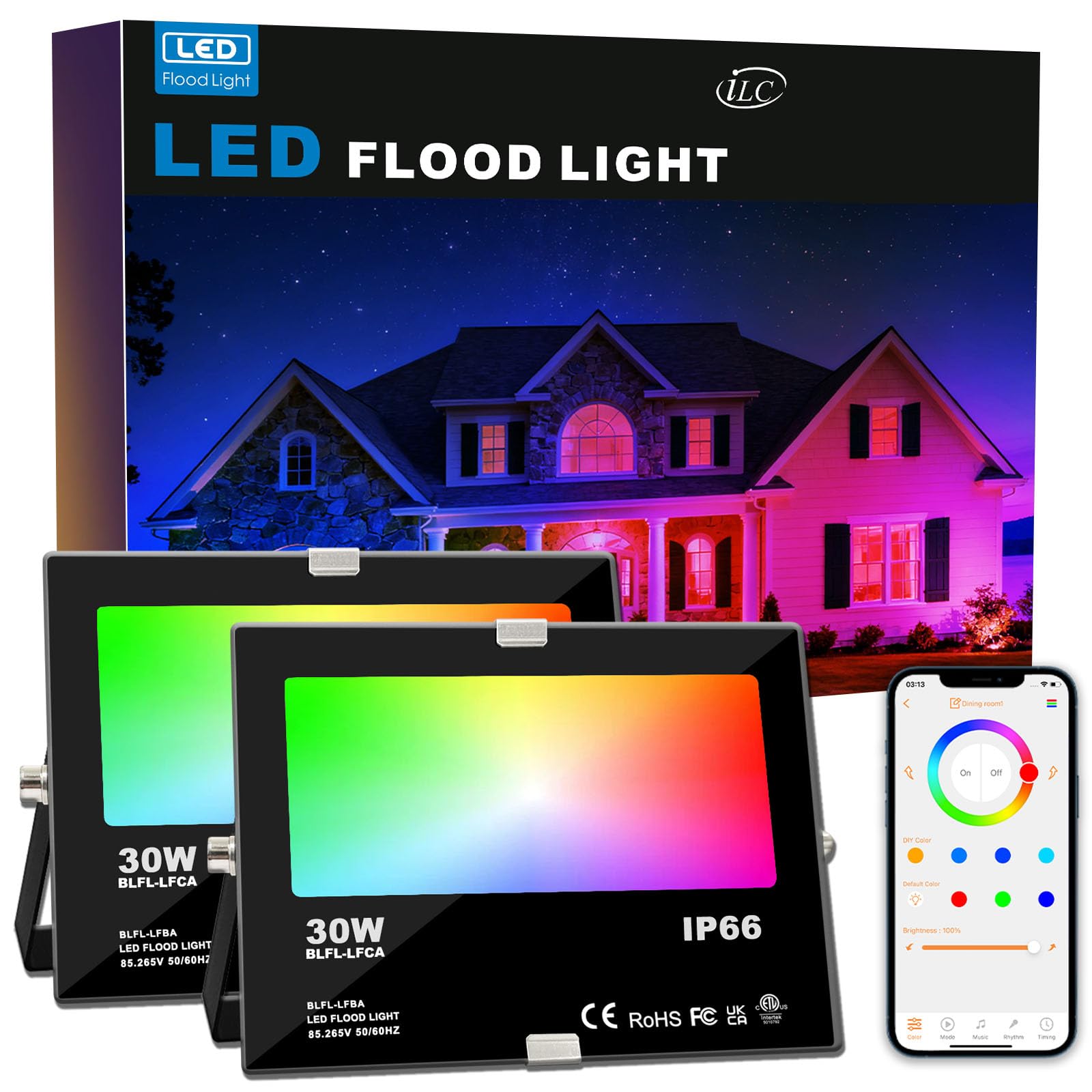 HEKEE LED RGB Floodlights Outdoor, 300W Equivalent, Smart Colour Changing Flood Lights, APP Controlled, Timing, IP66 Waterproof, UK Plug (2 Pack)