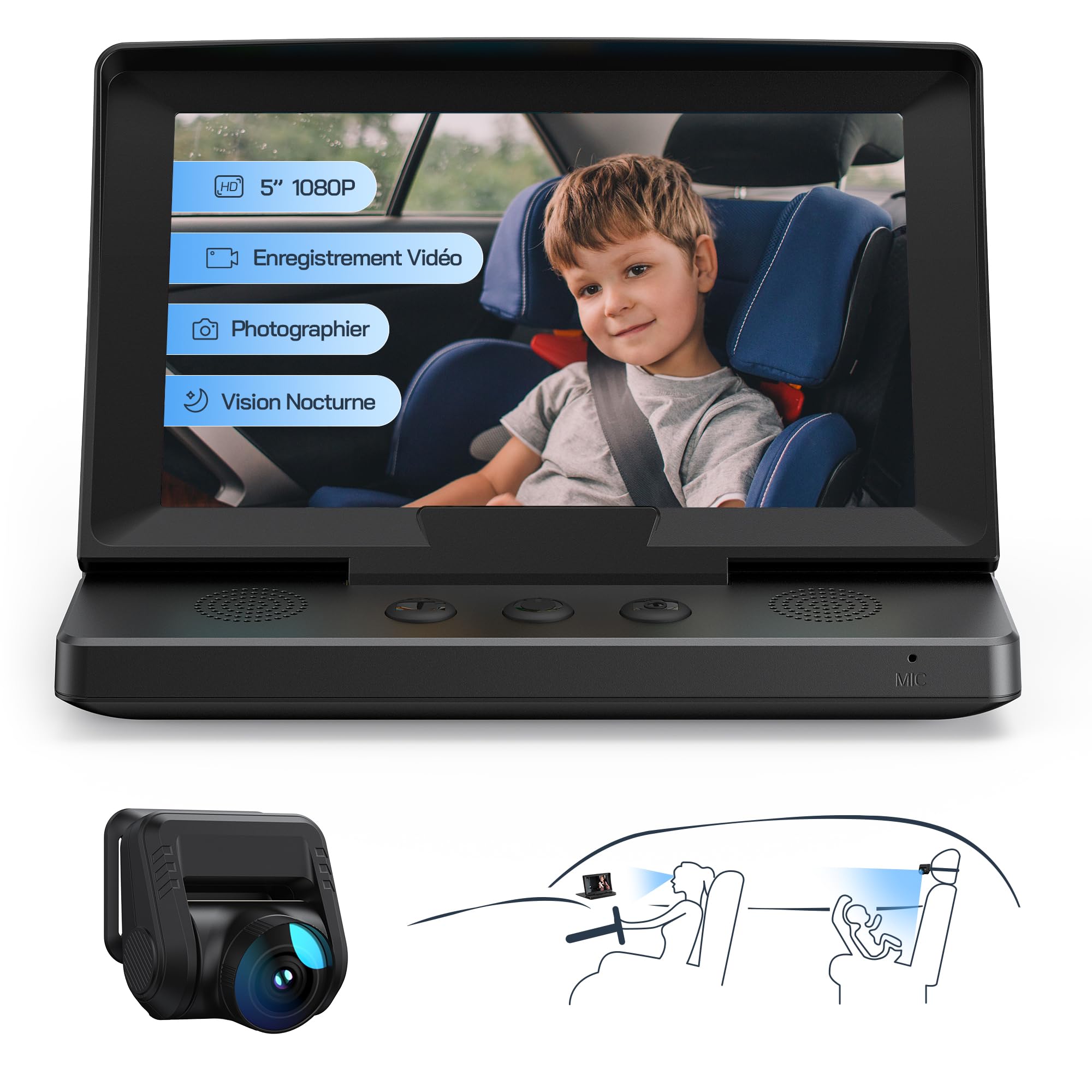 WOLFANG Miroir Voiture Bébé HD 1080P Retroviseur Voiture Bebe, USB-C Plug and Play Installation facile, moniteur pour bébé avec écran de 5 pouces et caméra de vision nocturne