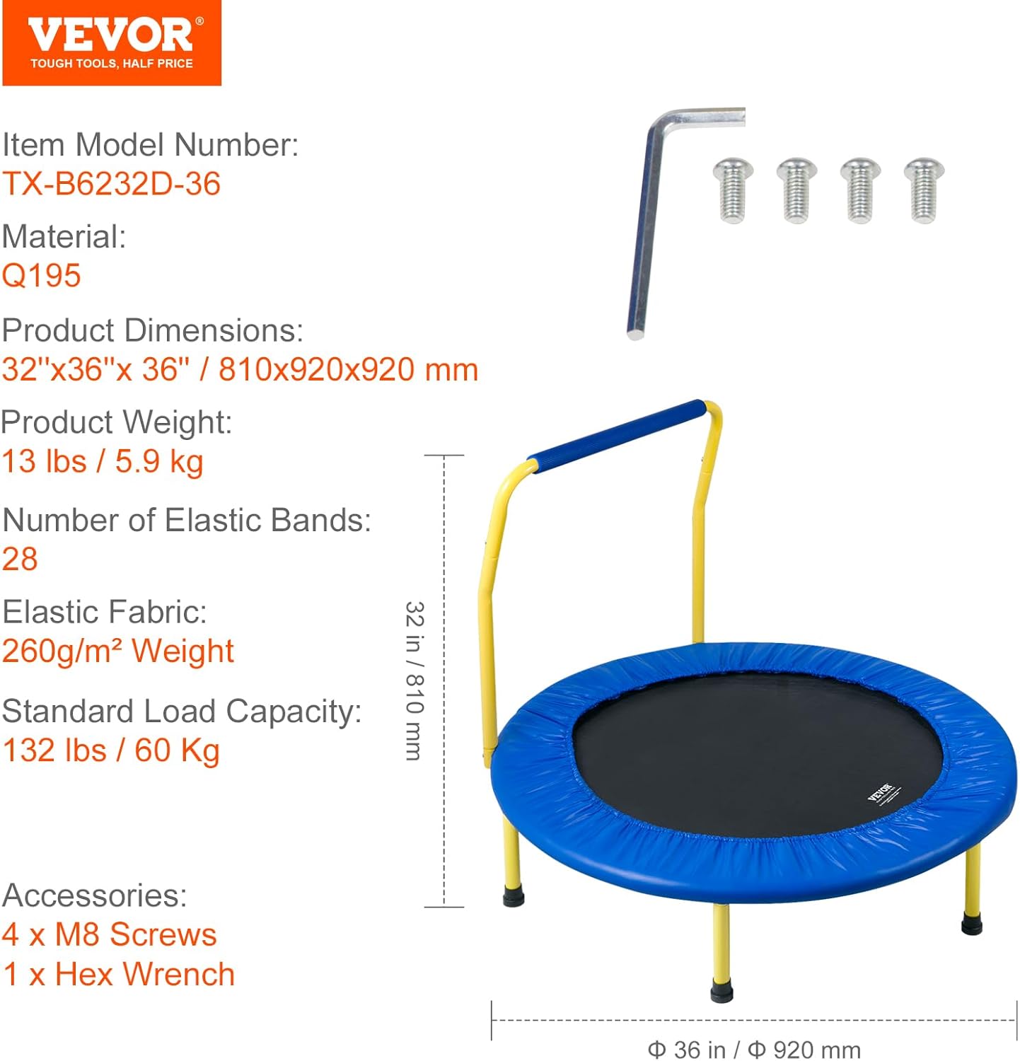VEVOR 3FT Trampoline for Kids, 36" Trampolines Indoor/Outdoor Trampoline for Toddlers, Foldable Mini Baby Jump Toy with Foam Handle, Recreational Trampolines Birthday Gift for 3+ Years Kids