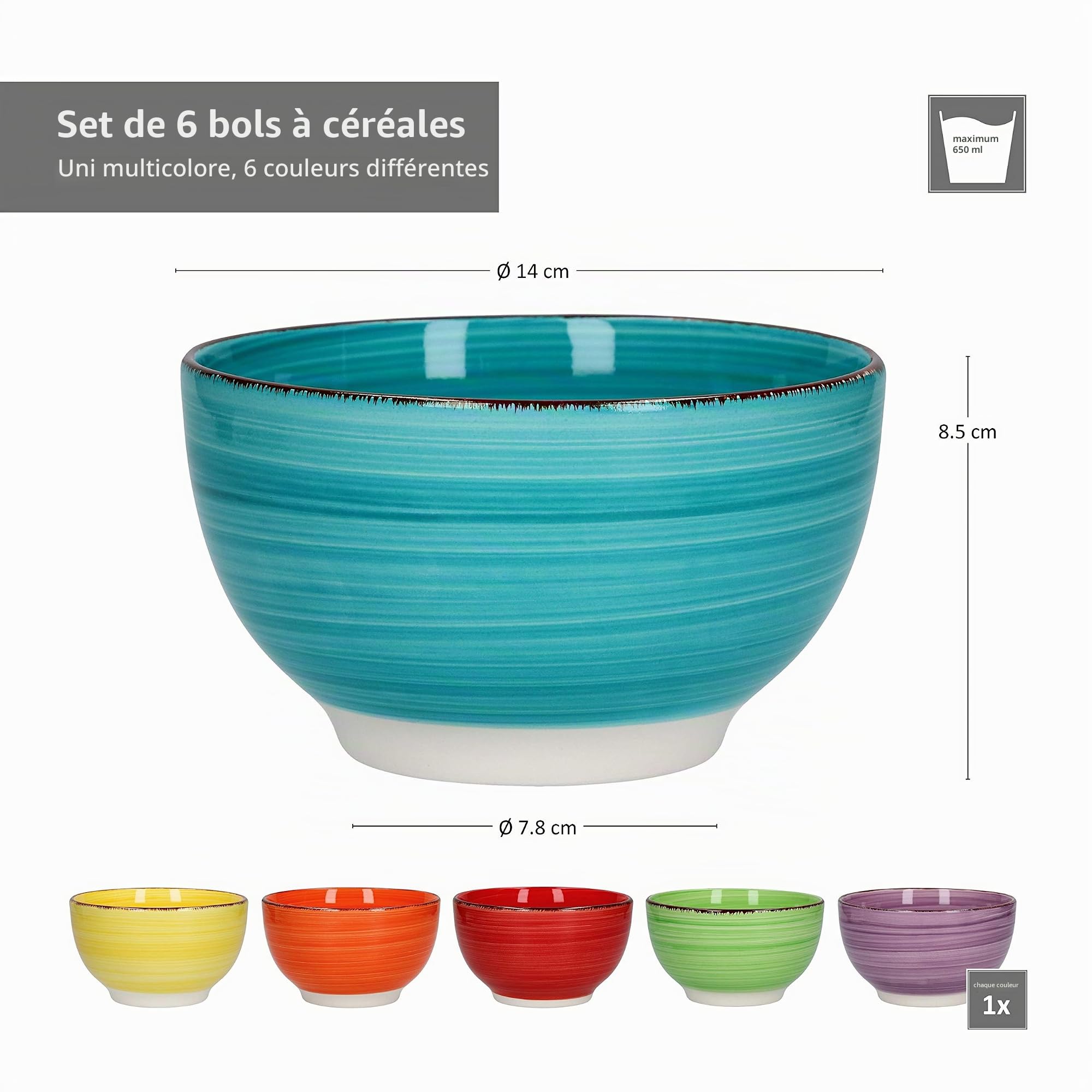 Ensemble de 6 bols à céréales Bol de service uni coloré 650 ml Bol à dessert en grès plats glaces salades de fruits snacks petit-déjeuner buffet