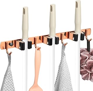 3 Racks and 4 Heavy Duty Hooks Mop and Broom Holder Wall Mount, Stainless Steel Broom Organizer Storage Utility Tool Racks for Home, Kitchen, Garage, Laundry Room. Rose Gold