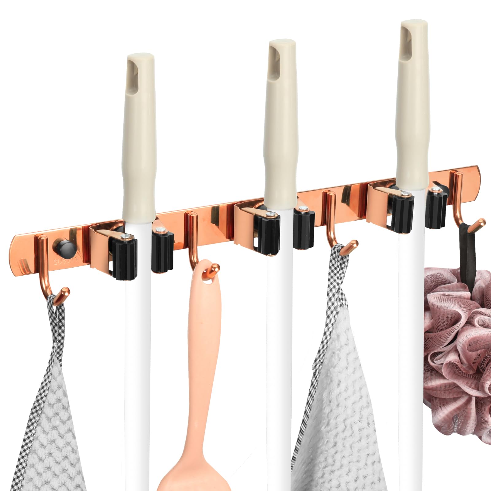 BLAGAIN 3 Racks and 4 Heavy Duty Hooks Mop and Broom Holder Wall Mount, Stainless Steel Broom Organizer Storage Tool Racks for Home,Kitchen,Closet,Garage,Laundry Room Wall Decor. Rose Gold