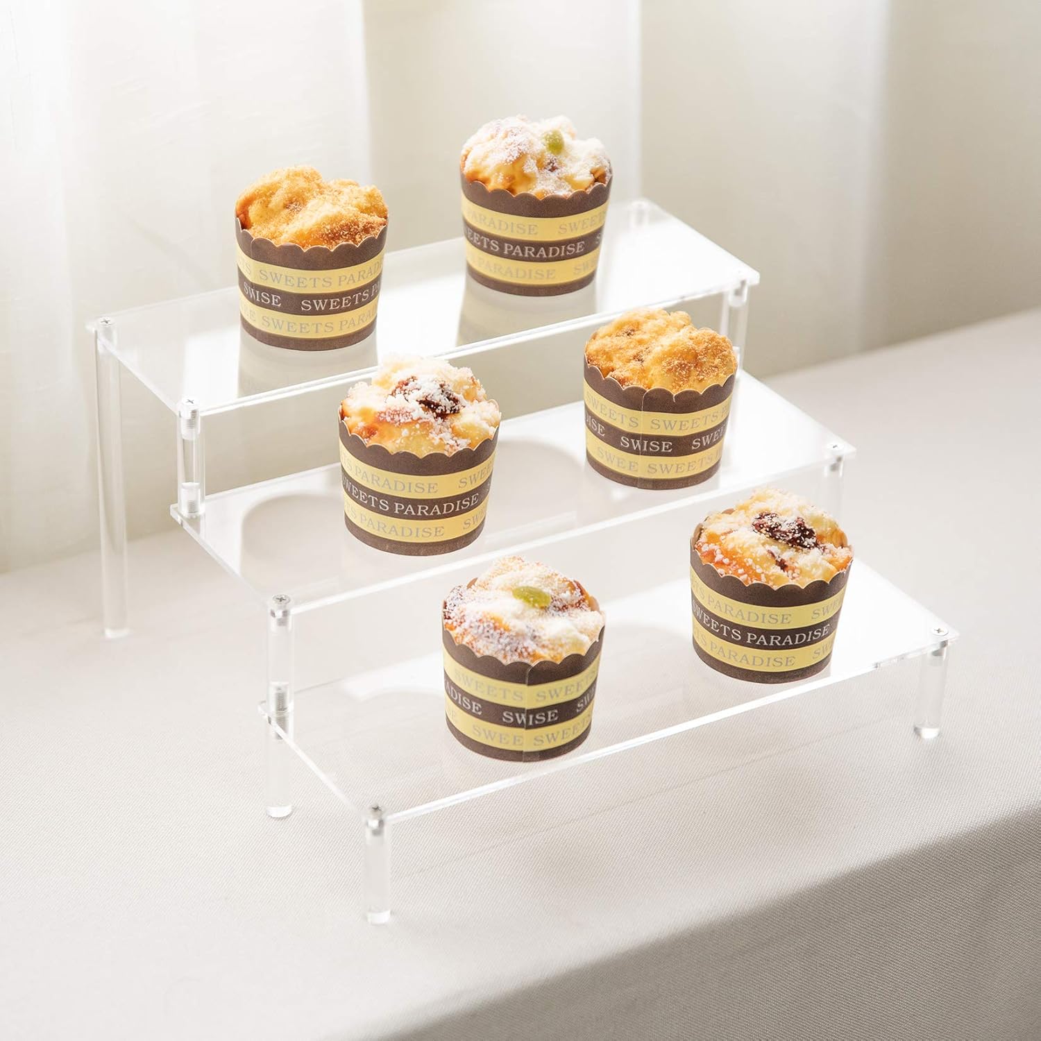 BYCY Clear 3 Tier Acrylic Cupcake Display Stand, Collection Organizer Shelf, Desserts Holder,Acrylic Display Riser for Cupcake ( 2 Pack 12“ x 10.2" x 6.3" )