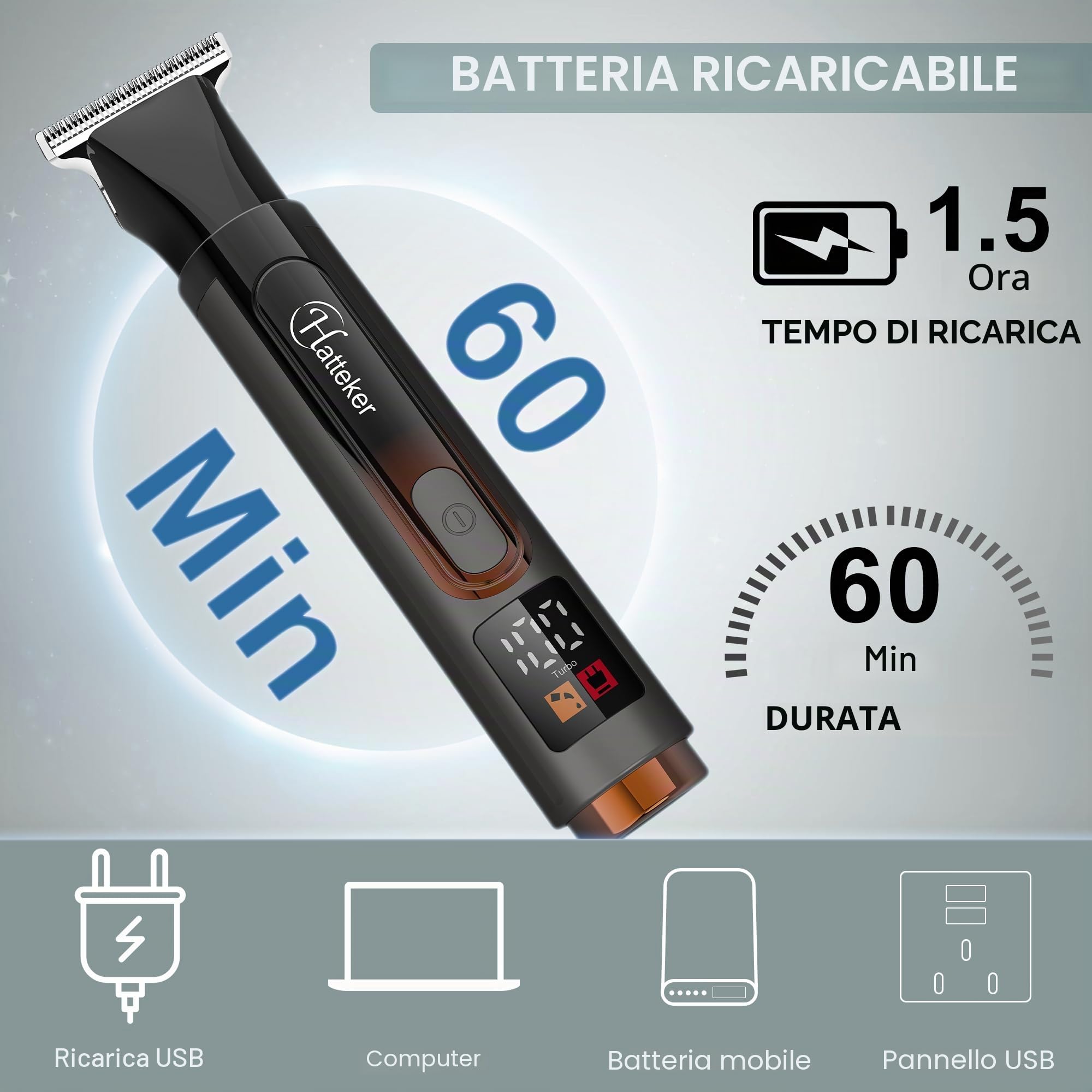 Hatteker Rasoio elettrico da uomo, kit per la cura del corpo, rasoio elettrico per il corpo, regolabarba per viso, braccio, mento, senza fili, con prolunga regolabile, display a LED impermeabile