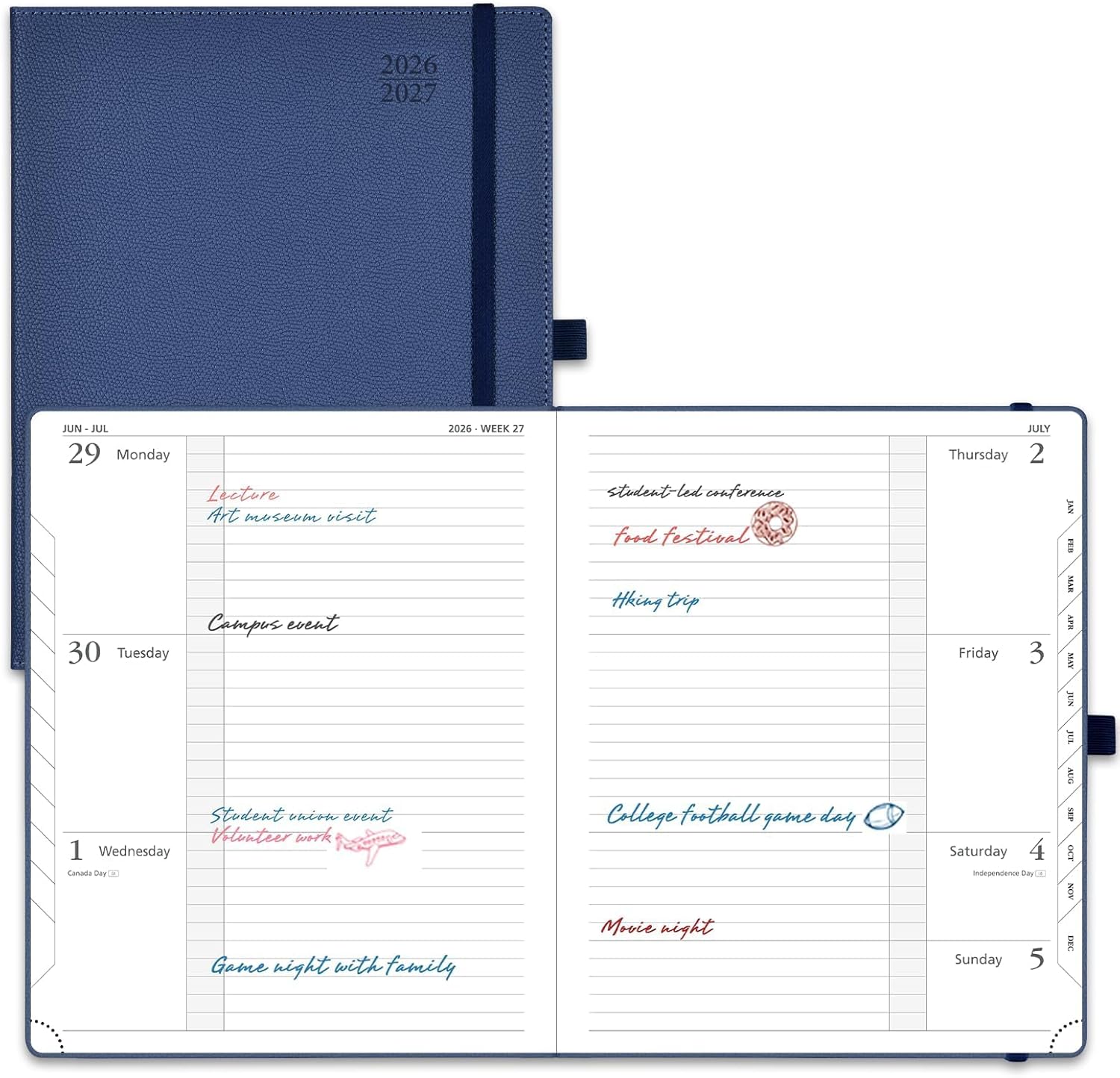 POPRUN Planner 2026-2027 (Large 8.5"x 10.5"), Horizontal Weekly Notebook Jul.2026 - Jun.2027, Academic Appointment Book with Monthly Tabs, Leather Hardcover, Inner Pocket - Navy Blue