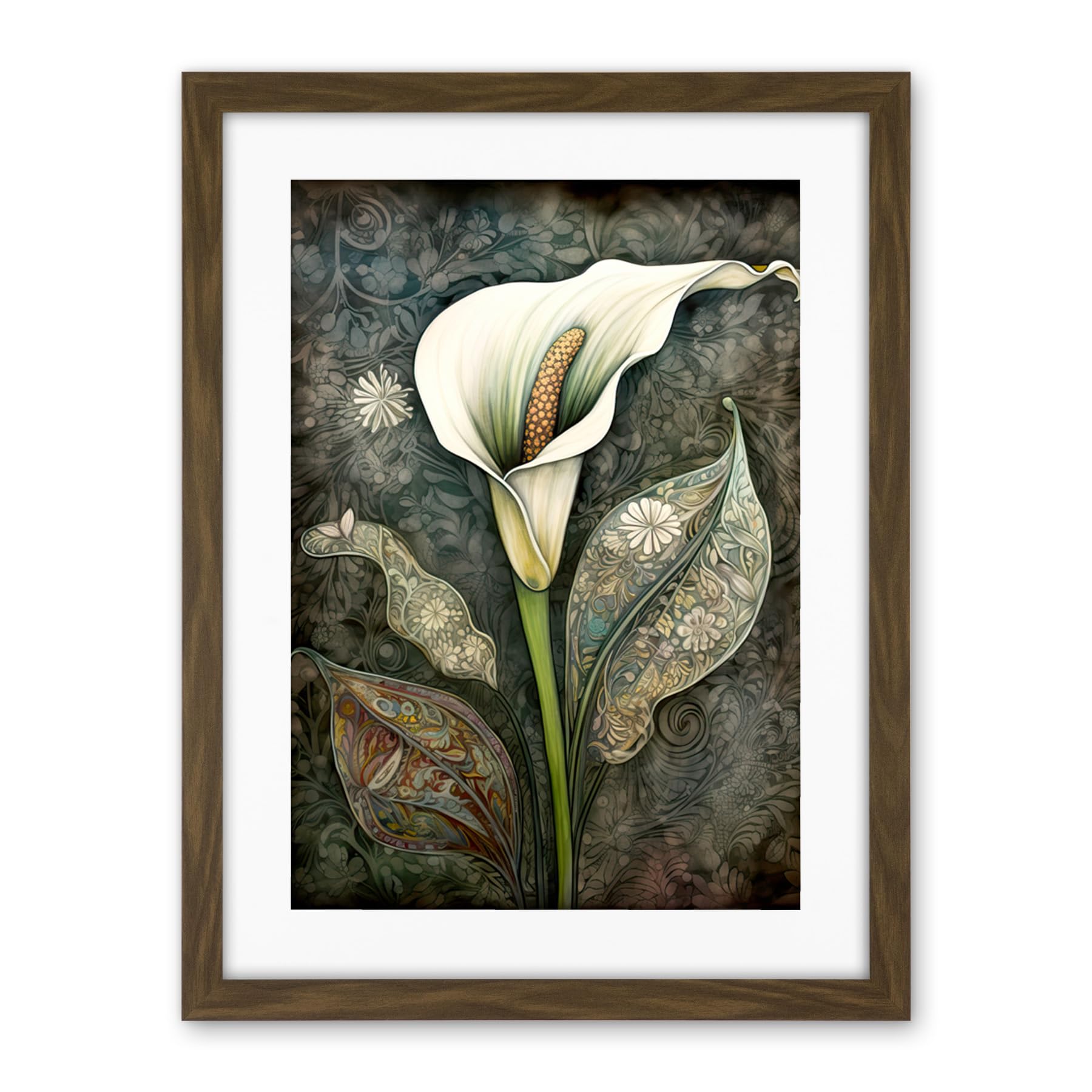 Artery8 Calla Lily Flower Bloom with Batik Style Patterns Artwork Framed Wall Art Print 18X24 Inch