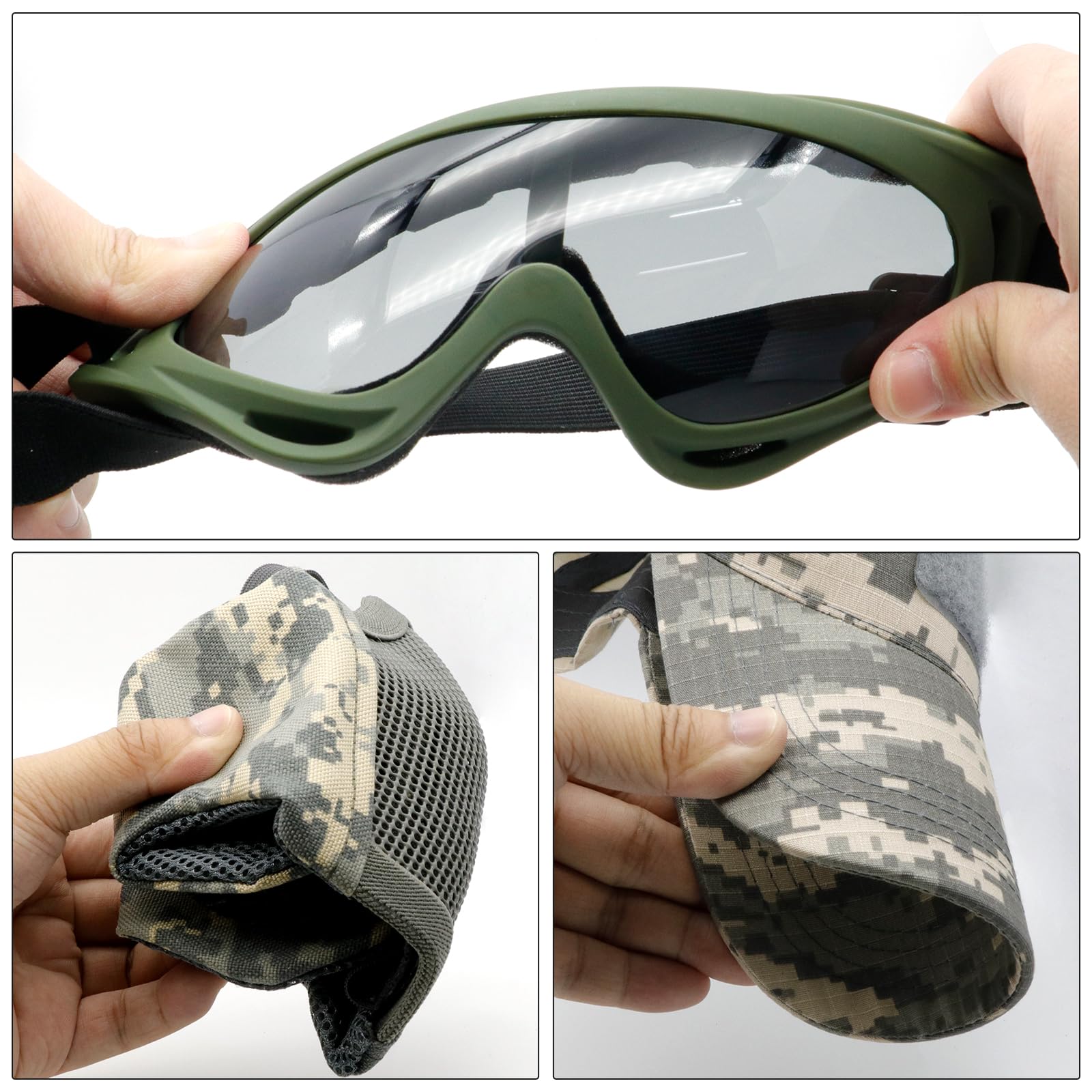 Maschera Airsoft con occhiali, pieghevole mezza faccia Airsoft Mesh Mask con protezione per le orecchie per Paintball Shooting Cosplay CS Game