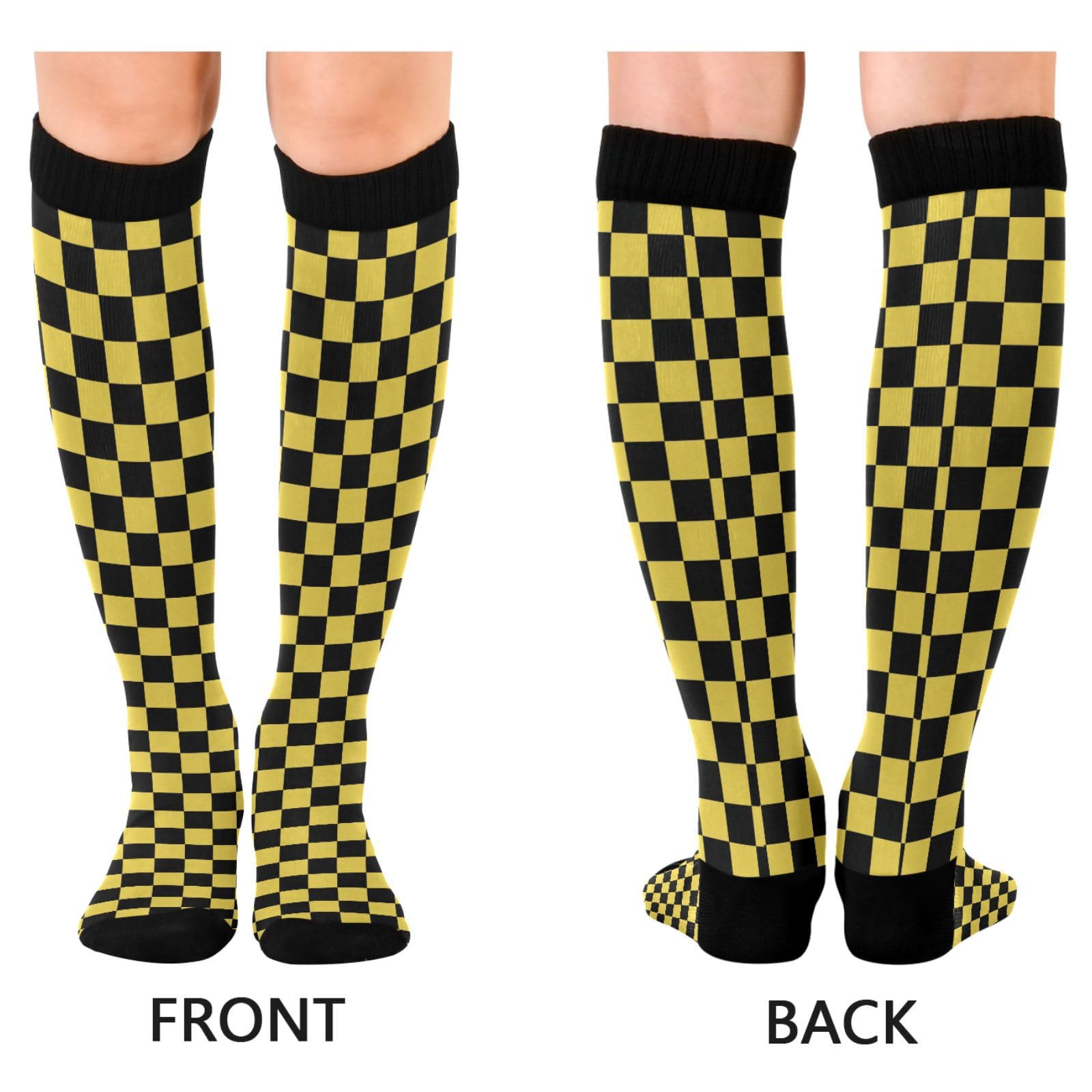 MFTJYO Black Yellow Checkerboard Women's Compression Socks for Women Men Knee High Socks Long Circulation for Athletic Running