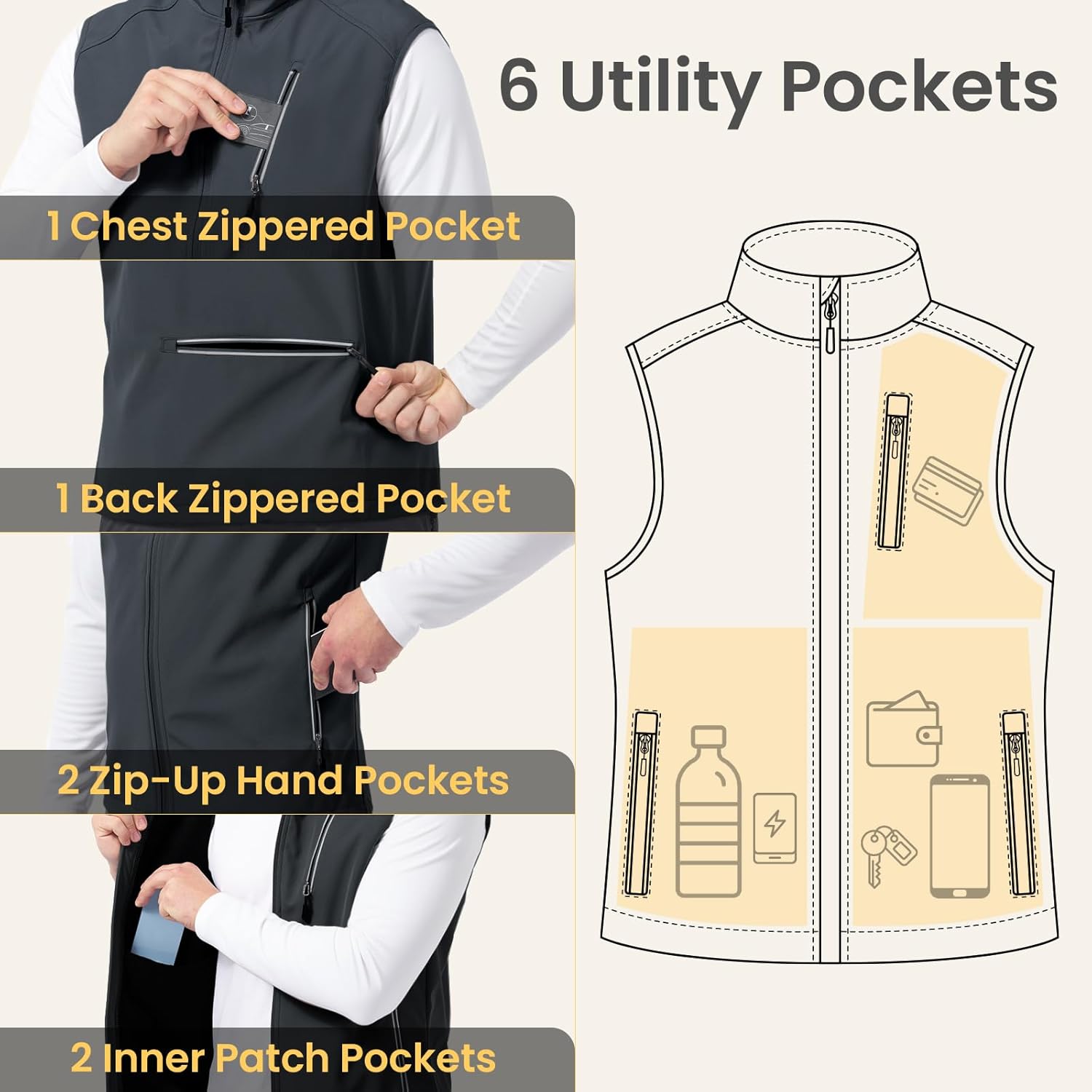 Men's Lightweight Golf Vest Windproof Softshell Vests Outerwear Multi-Pockets Zip Up Sleeveless Jacket - Image 5