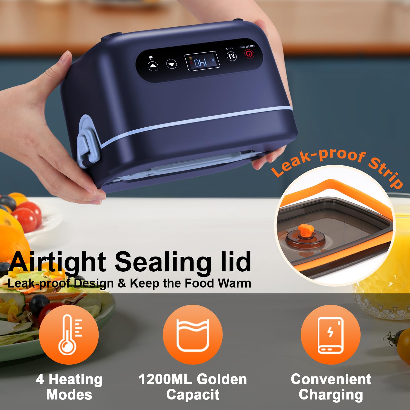 Lonchera eléctrica para hombre, lonchera térmica inalámbrica de 1.2 L, calentador de alimentos portátil recargable de 24000 mAh con control automático de temperatura, calefacción de 5 lados, a prueba