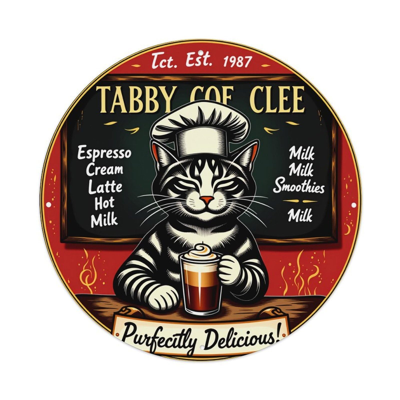 Tabby Cat Coffee Art Print Vintage Metal Tin Sign Retro Wall Decor for Home Bar Garage Cafe, Indoor & Outdoor Decorative，circle Metal Poster, 8x8 Inch