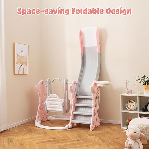 Miniatura 4 de Costzon Juego de tobogán y columpio 4 en 1 para niños pequeños, cohete para interiores y exteriores, columpio rosa para bebé con tobogán, columpio,