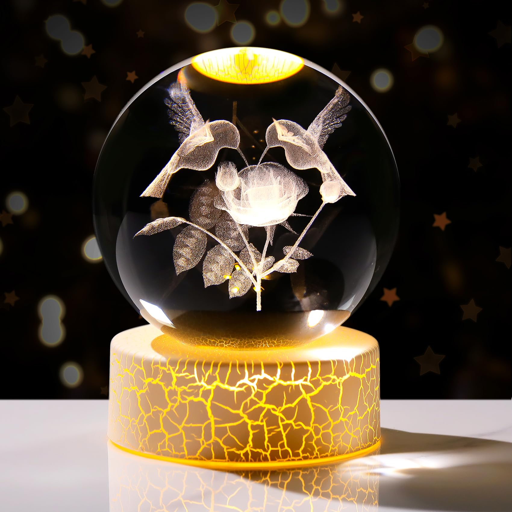 Arikyrist 8cm K9 Crystal Ball Engraved 3D Hummingbirds and Rose Figurine Gifts for Women 3.15" Glass Bird Rose Decor Ball with LED Light Stand Home Office Paperweight Ornament