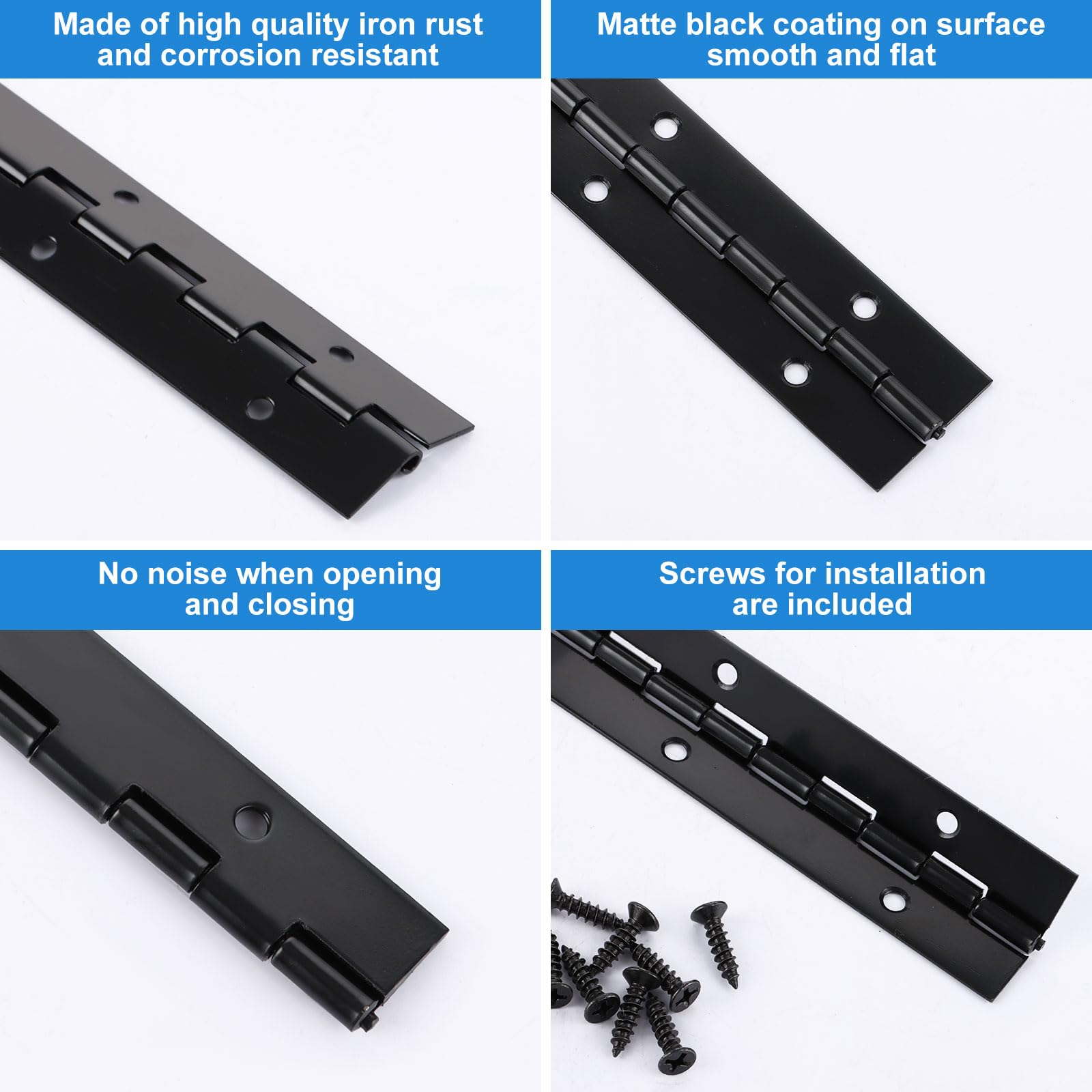 16 bisagras de piano de 8 pulgadas resistentes, bisagras continuas plegables de 0.04 pulgadas de grosor, bisagras de piano de metal negro para armarios, puertas, ventanas (7.87 pulgadas de largo x 1.2