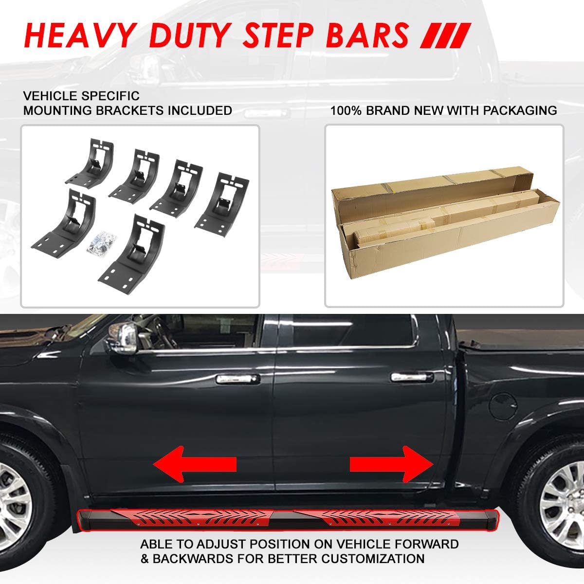 Auto Dynasty 5.5 Inches Running Boards Compatible with 2009-2024 Dodge Ram 1500 Extended/Quad Cab, Stainless Steel Flat Red Cutout Step Plate Nerf Bar, Black Painted Finish