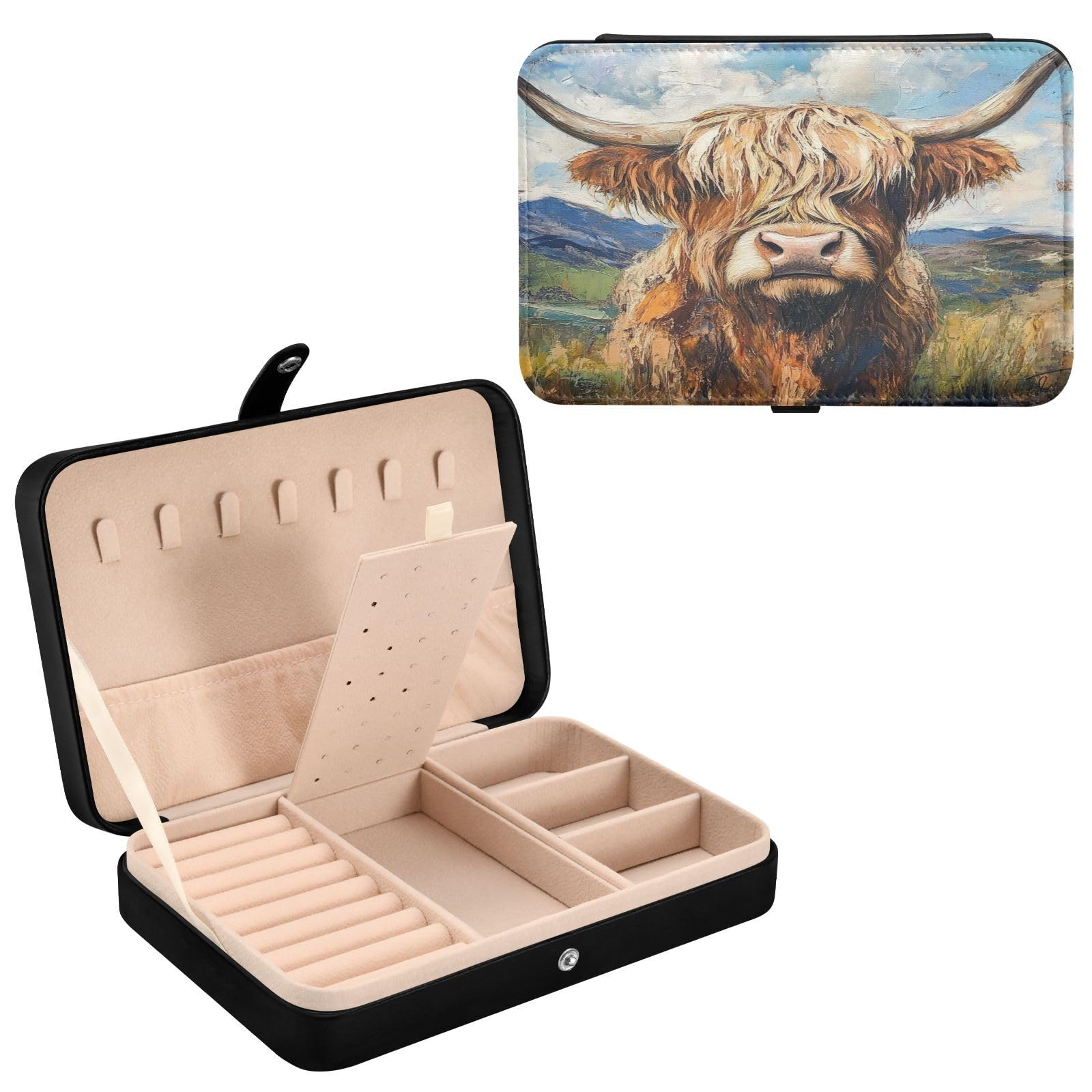 Haskirky Highland Cow Jewelry Box Portable PU Leather Travel Jewelry Organize for Women Jewelry Storage Display Holder for Ring, Necklace, Earring
