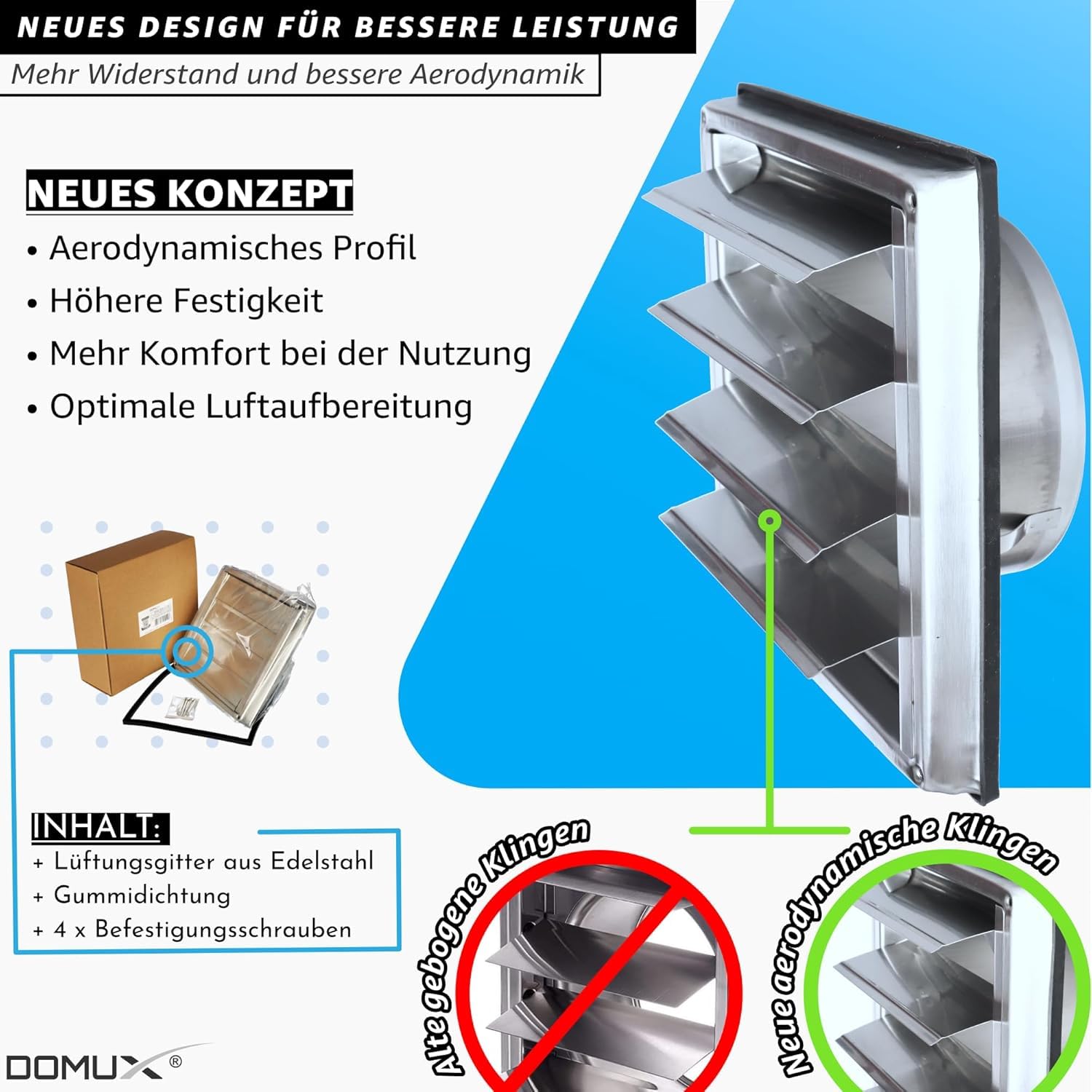 Edelstahl Lüftungsgitter 150mm für Dunstabzugshaube/Wäschetrockner - mit Insektenschutzgitter und Beweglichen Lamellen - Optimaler Luftstrom