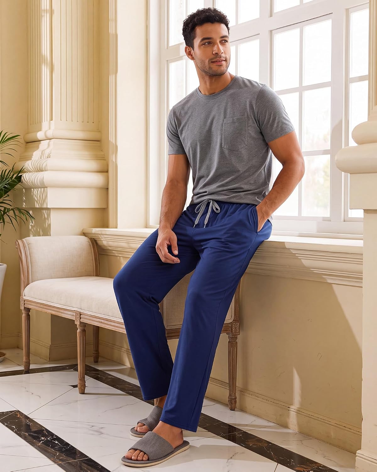 3 Pack Mens Cotton Pajamas Pants Lounge Pjs Bottoms Sleepwear Bottoms Soft Pants with Pockets Drawstring