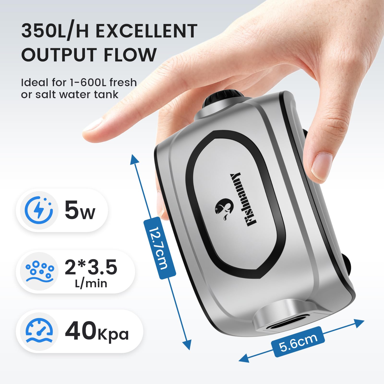 Pompe à air silencieuse 3 W/5 W pour aquarium – Petite et puissante pompe à air à double sortie, pompe aérateur d'oxygène réglable avec kit de bulles pour aquariums de 1 à 600 L (argent