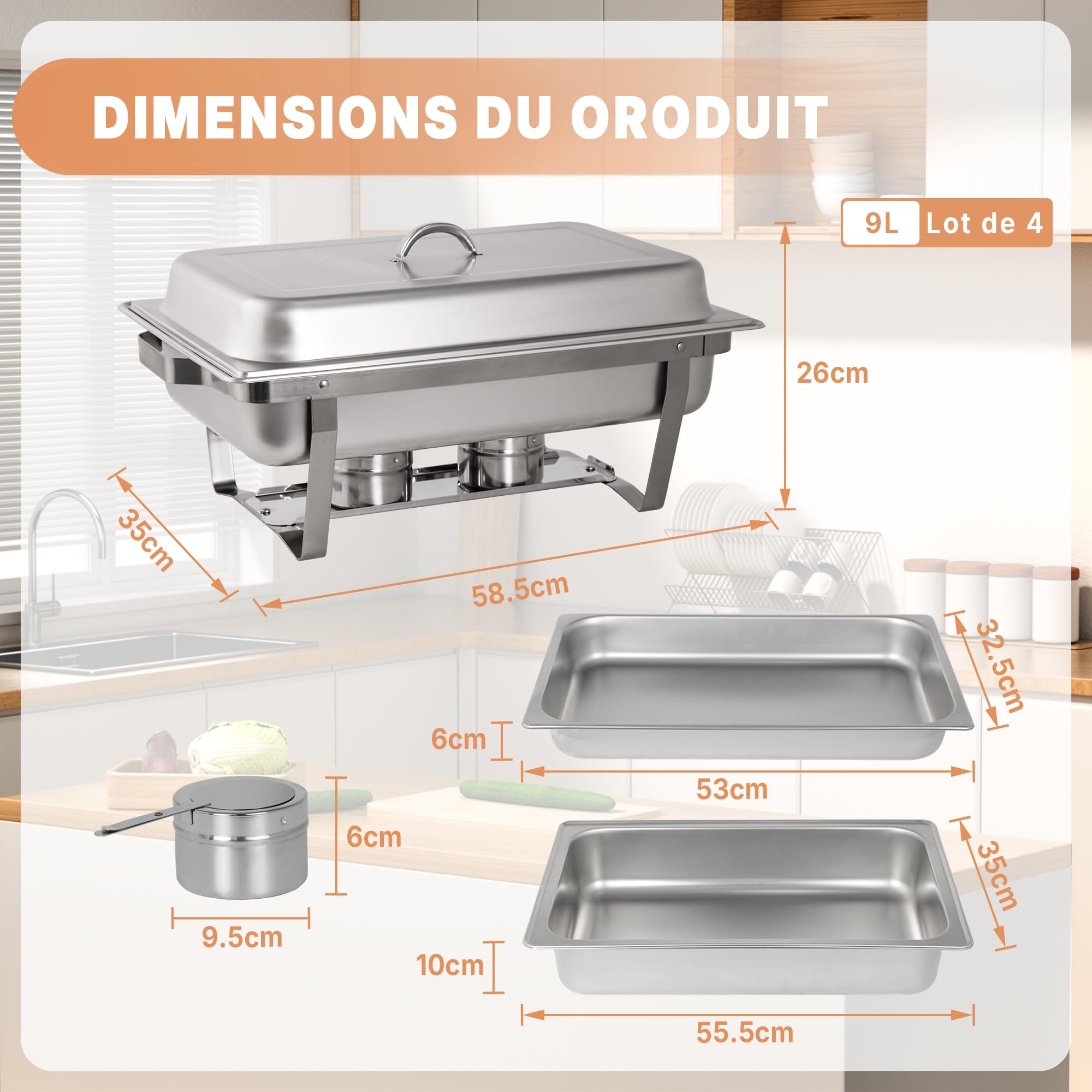 Hakka Lot de 4 Chafing Dish Rectangulaire Buffets Chauffants 9,5L chauffe-plats professionnel avec 4 bacs, chauffe-plats en acier inoxydable avec couvercle, réservoir à combustible, cadre pliable, pou