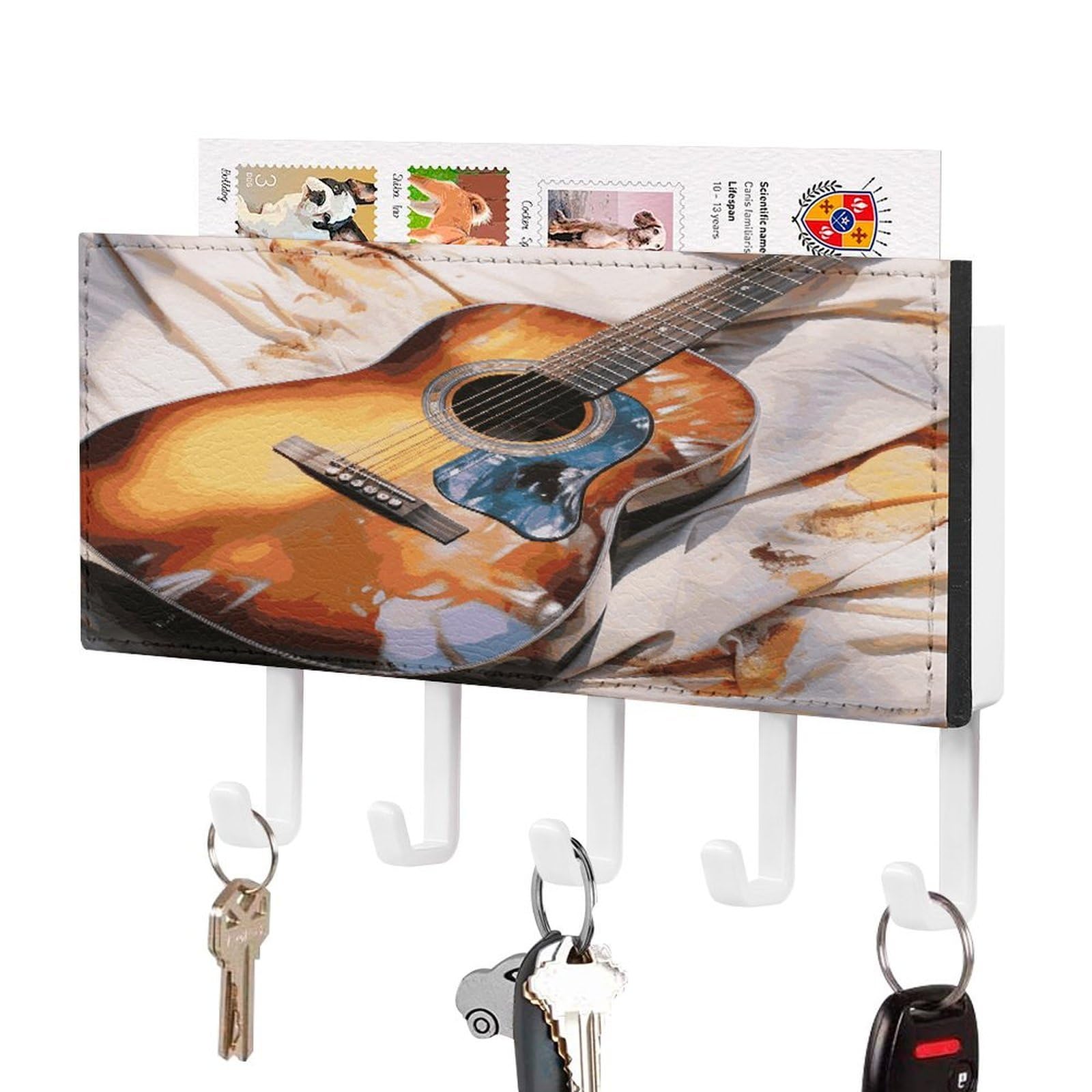 MUSM Watercolor Acoustic Guitar Key Holder for Wall,Mail Organizer Wall Mount with 5 Hooks,Easy Installation Key Rack for Home Decor, Hallway, Entryway, Appartment