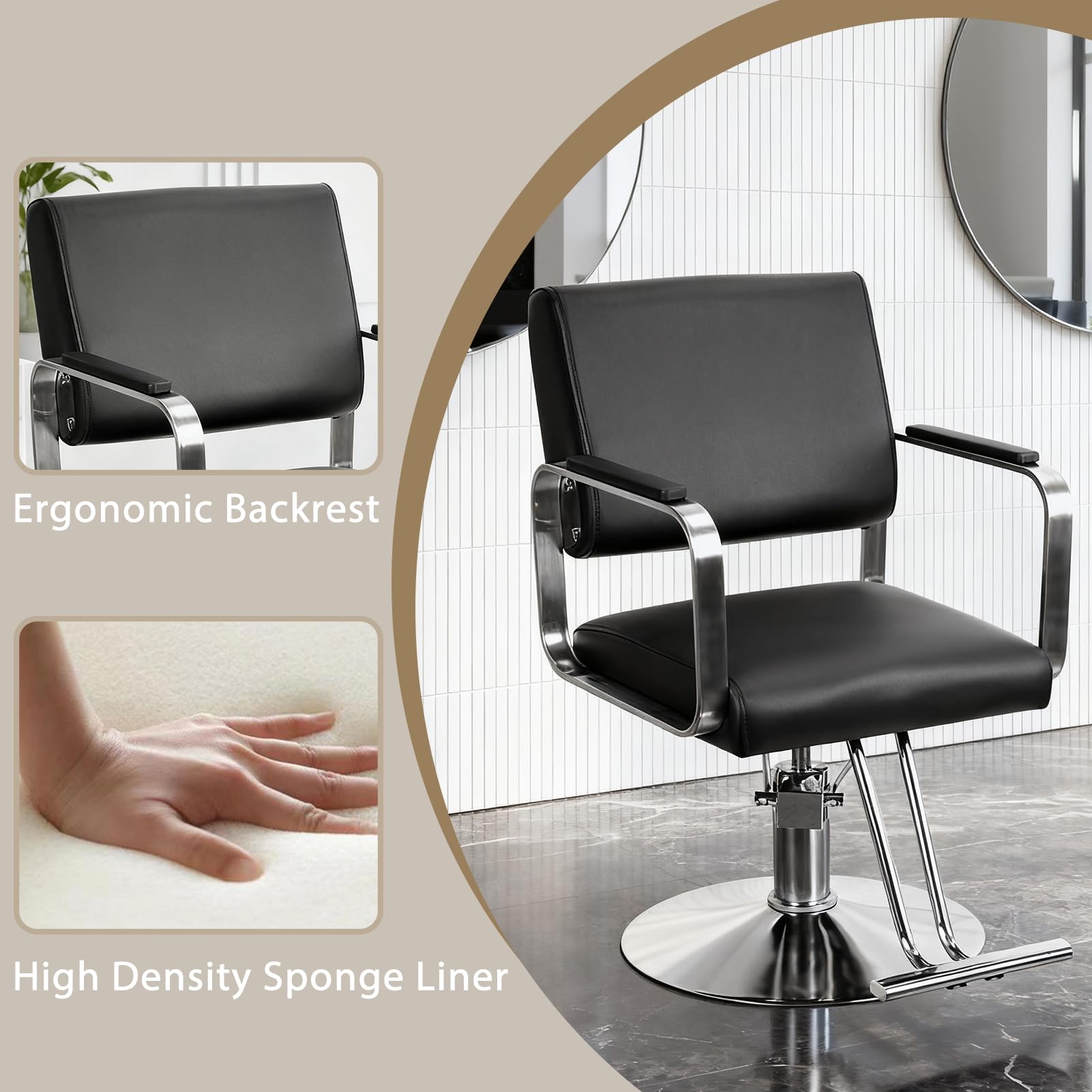 Hydraulischer Friseurstuhl für Barbershop & Salon – Höhenverstellbar & 360° Drehbar, PU-Leder-Oberfläche,Bedienungsstuhl belastbar bis 150kg, Ideal für Barbershop, Salon ﻿ (Schwarz)