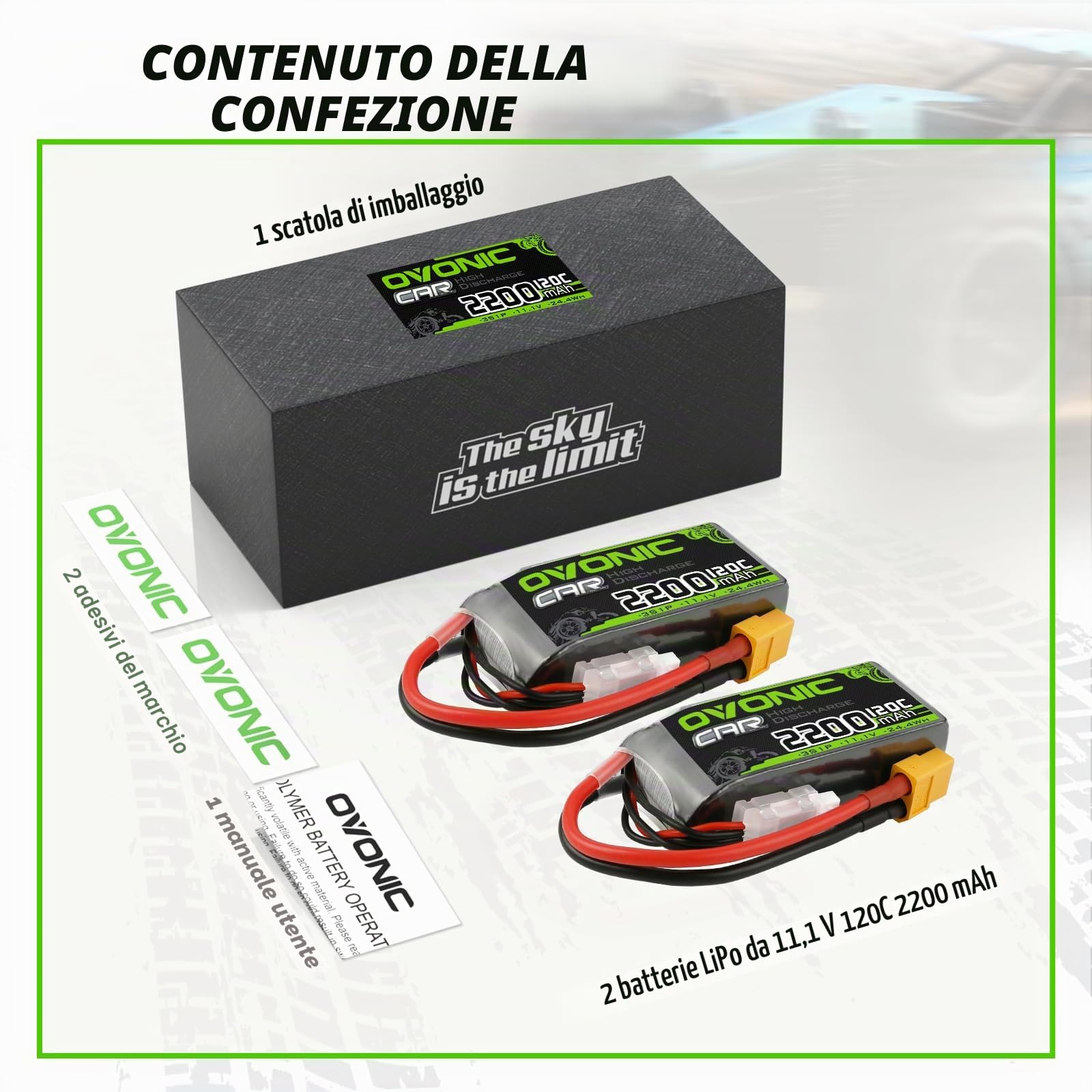OVONIC Batteria 3s Lipo da 11,1 V 120 C 2200 mAh Shorty Pack con spina XT60 per aerei ed elicotteri Speciale per auto RC 1:14 (confezione da 2)