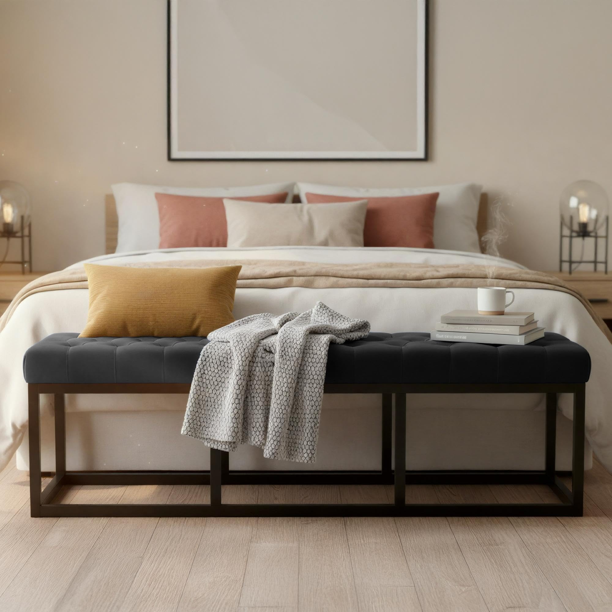 CLP Panca Polson, Moderna, Struttura Nera, Velluto, Trapuntata, Protezioni per Pavimenti, Design, Colore:Nero, Dimensione:150 cm