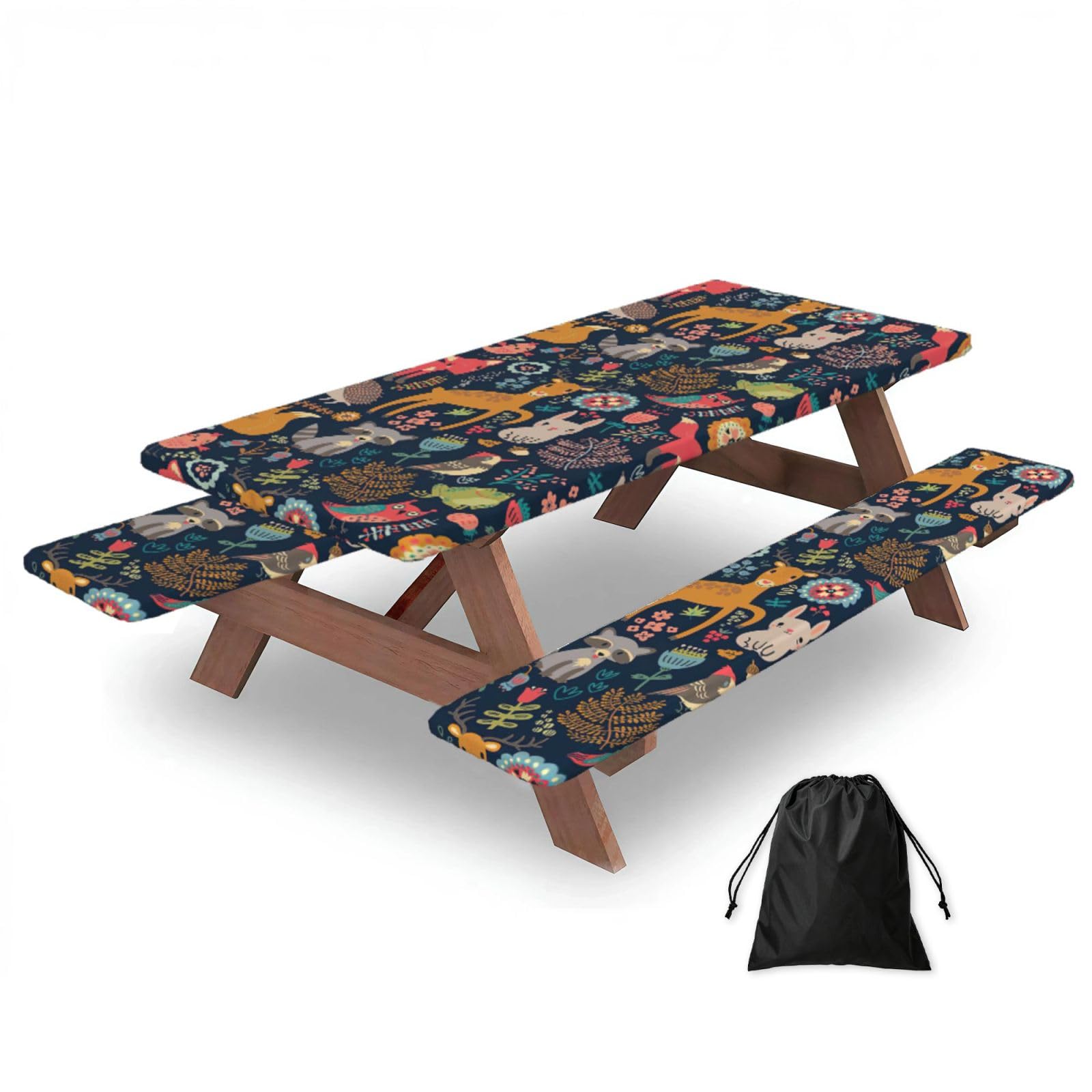 Yqxwjl Black Owl Rabbit Bird Fox Print Camping Essentials Waterproof Camping Table And Bench Cover With Drawstring Bag 183 Cm