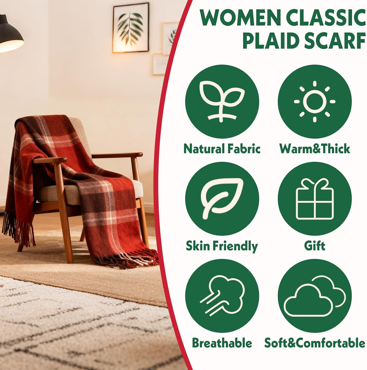 October Elf Christmas Holiday Santa Claus Scarf Plaid Scarf for Women Christmas Winter Warm Large Scarves for Women