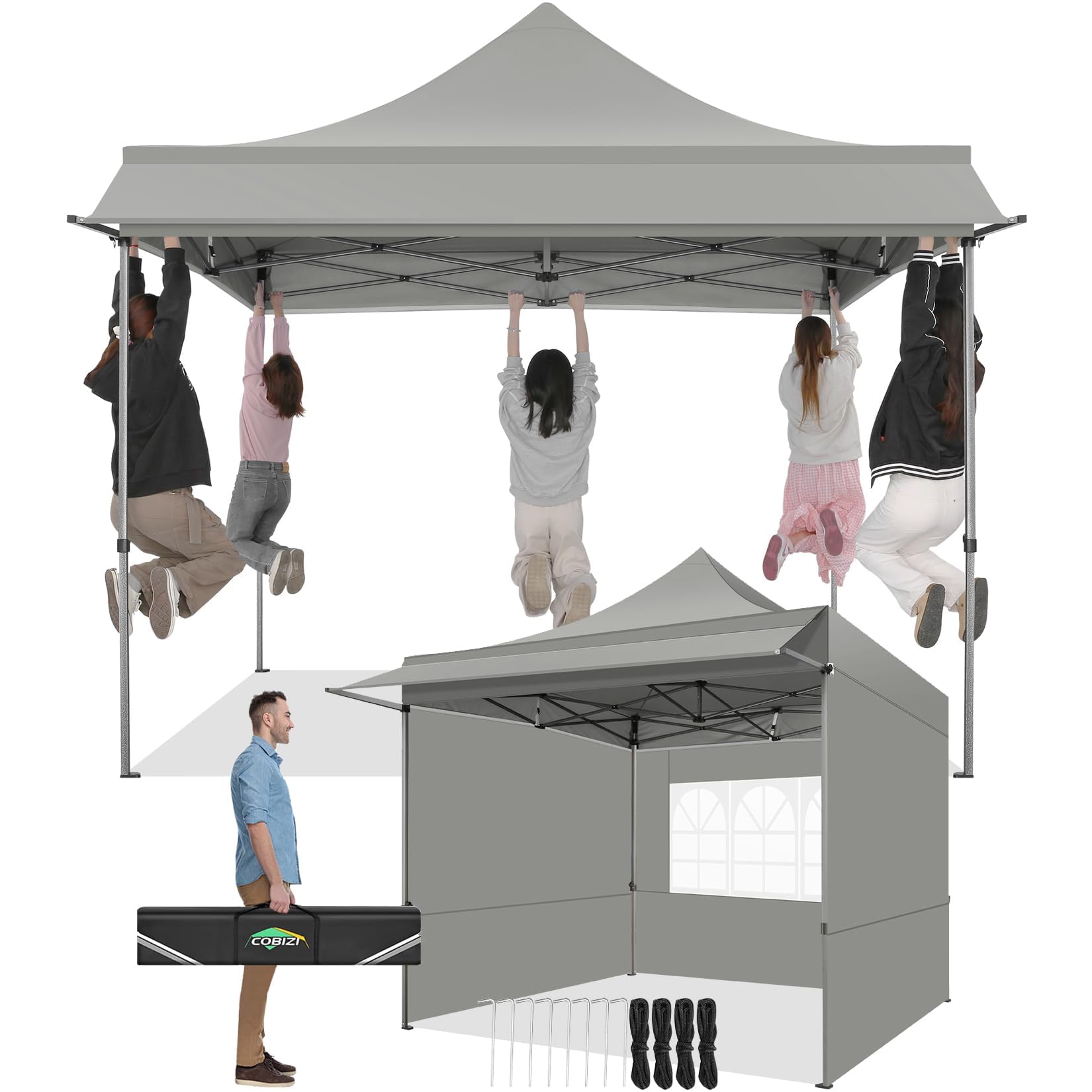 COBIZI Carpa Plegable 3x3M con Toldo y Paredes Desmontables,Gris | Cenadores para Jardin 3x3 UV50+ Carpas de Camping Impermeables para Exteriores Jardin Playa Camping Fiestas