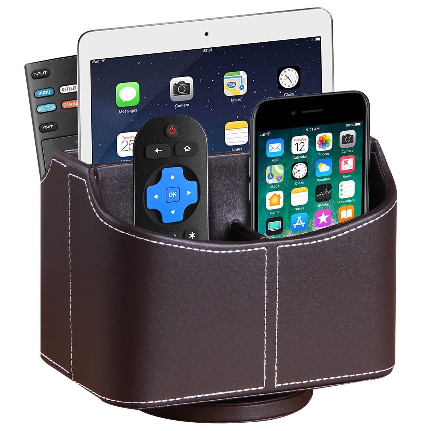 Fanousy 360° Rotating Remote Control Holder, PU Leather TV Remote Caddy Organizer Basket Storage Box with 5 Compartments for Pen, Pencil, Art Supplies, Makeup Brush, Office Desk Table Accessories