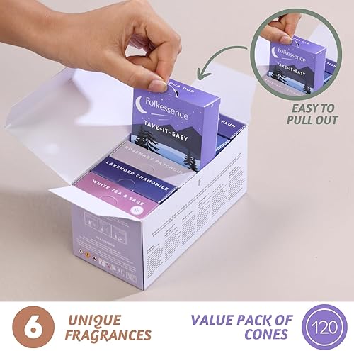 Miniatura 2 de Folkulture Conos de incienso perfumados Juego de 6 fragancias (120 conos) con soporte para conos de incienso para relajación Romero jazmín,