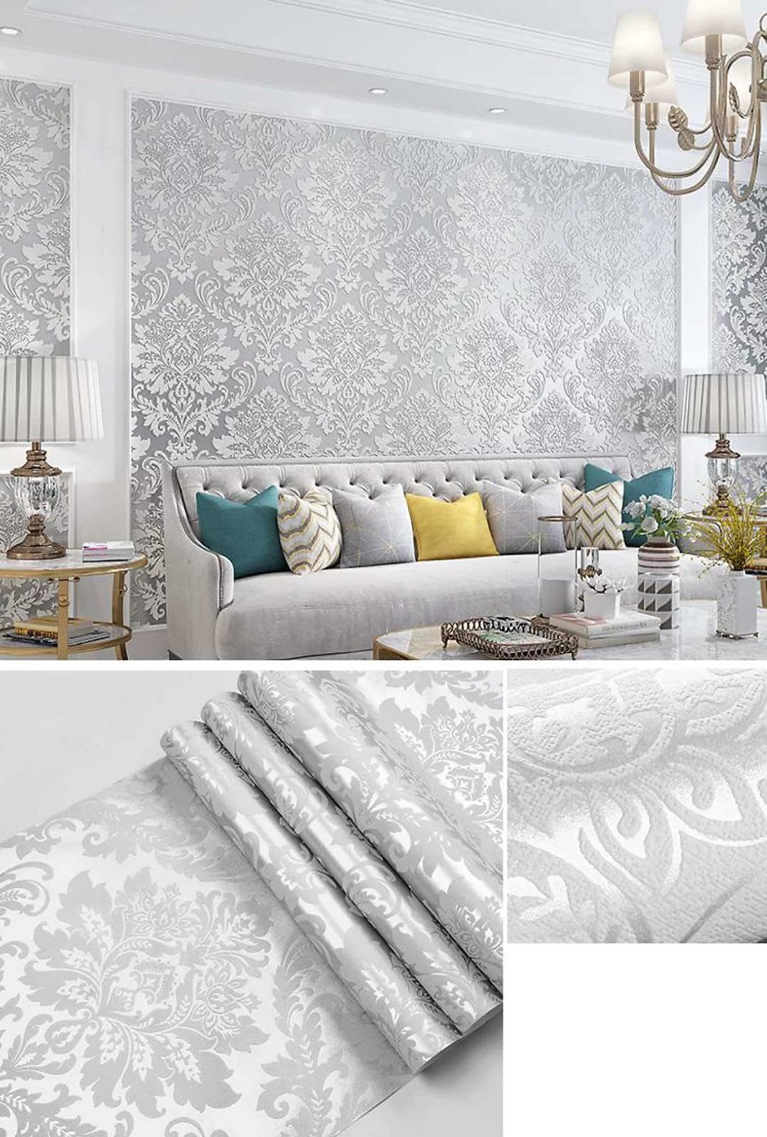 Zed Décor Zed Decor Classic Silver Damask Pattern WallpaperVintage Embossed Design For Living Room6030-2 from B&Q