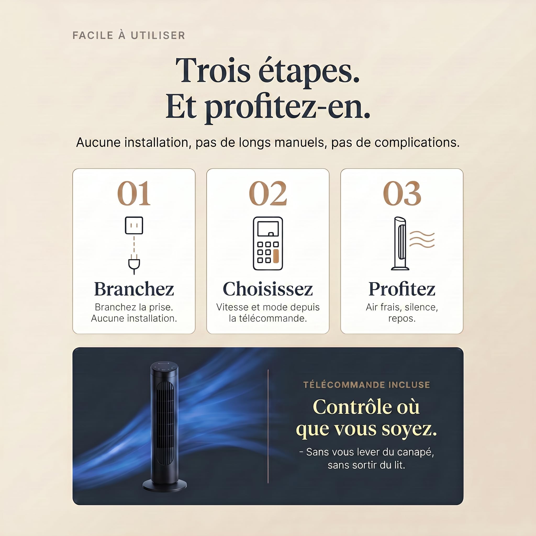 Ventilateur tour (102 cm), 20dB, vitesse pouvant atteindre 8 m/s, écran tactile LED, télécommande, 3 vitesses, minuterie 15 h, oscillation à 85°, silencieux, refroidissement rapide
