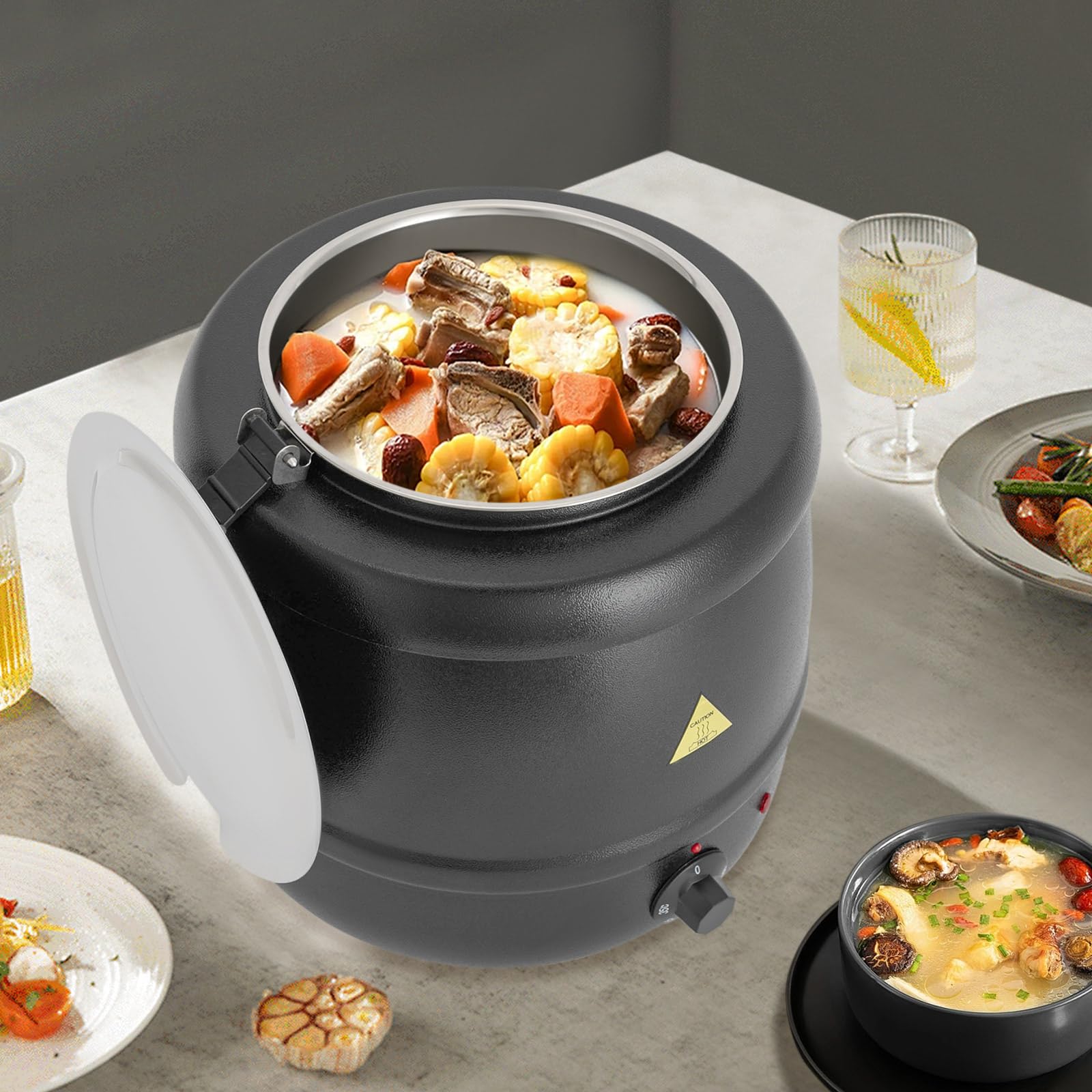 Olla eléctrica para sopa de 10 l, 400 W, con inserto extraíble de acero inoxidable y tapa abatible, calentador eléctrico profesional para sopa, regulable hasta 80 °C aprox