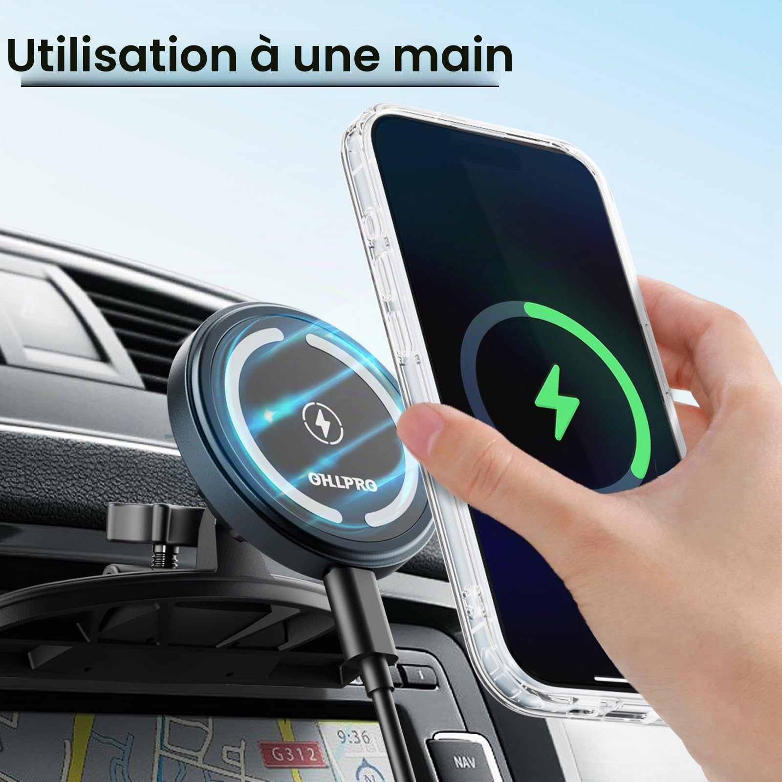 OHLPRO Support Voiture MagSafe 15W pour iPhone 17/16/15/14/13 Pro Max, Chargeur sans Fil Rapide, Fixation Fente CD & Tableau de Bord, Base Adhésive 3M, Coque Aluminium Magnétique