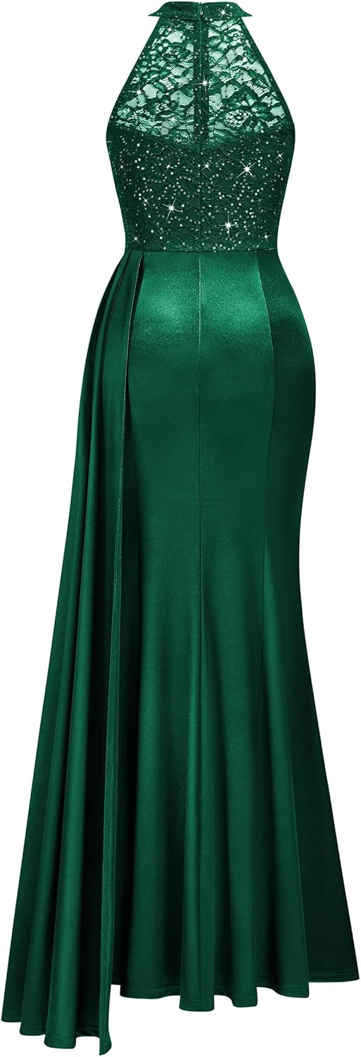 Miusol Women's Sexy Halter Sequin Lace Satin High Split Ruched Style Evening Party Maxi Dress - Image 5