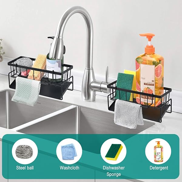 Support d'évier de Cuisine, Organisateur d'évier en Acier Inoxydable, Support de Rangement d'évier avec bac de vidange Automatique, adapté au Support de Rangement d'éponges et de Serviettes, Noir - 5