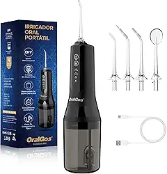 Irrigador Dental Portatil 260ML, 4 Modos de Jato, 4 Bicos, Limpeza Profunda dos Dentes e Gengivas, Elétrico, Recarregável, À Prova d’Água IPX7 (Preto)