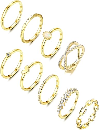 MILACOLATO 9 Anillos De Plata Para Mujer Niñas, Chapados En Oro De 14 Quilates, 