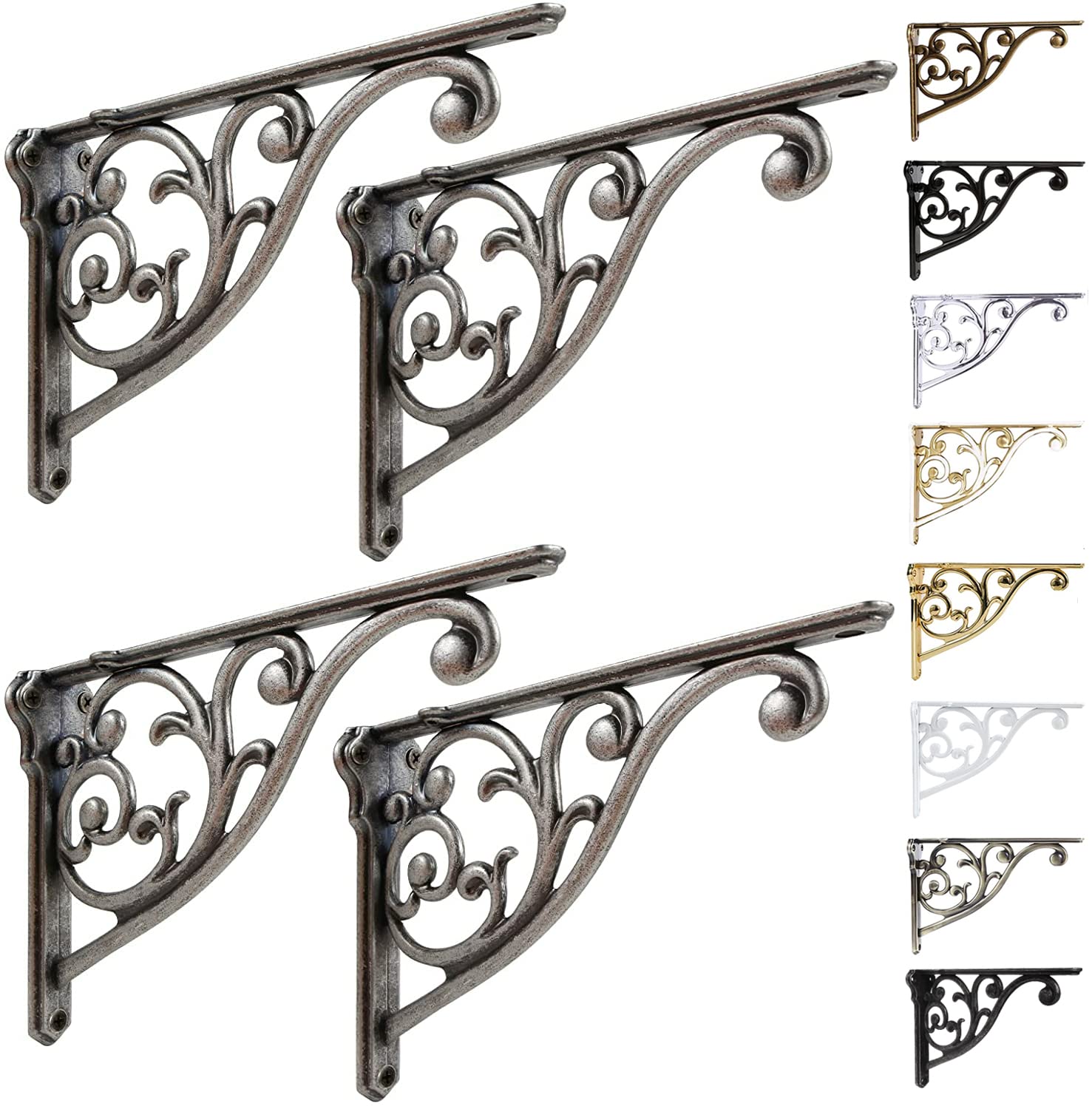 Shelf Brackets 8 Inch 4PCS Heavy Duty Antique Weathered Nickel Wall Bracket Baroque Kitchen Decorative Rack Shelves, Including All Hardware. (4, Antique True Silver) — image 1