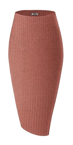 Women's High Waist Stretch Ribbed Knit Pencil Skirt Midi Length