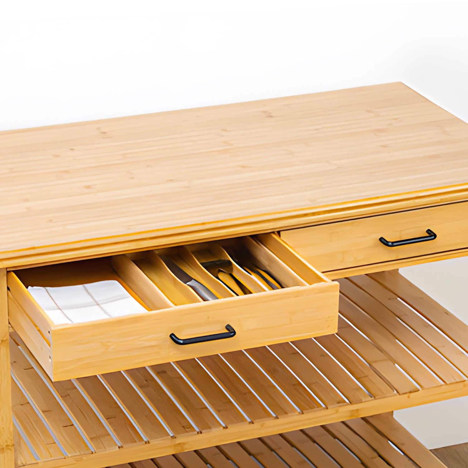 Avilia Isola Carrello da Cucina in Bambù 3 Livelli con Ruote 90x108x85 cm - Piano Lavoro Superiore due Scaffali di Appoggio e due Cassetti Ideale sia per Cucinare che per Riporre Oggetti e Utensili