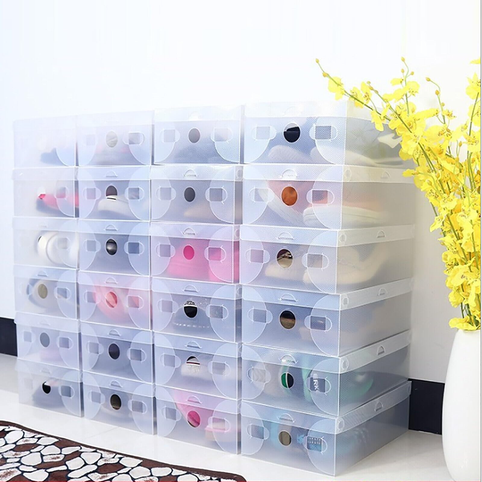 20 cajas transparentes para zapatos, cajón, apilables, de plástico, para ahorrar espacio, transparentes, plegables, 28 x 18 x 10 cm